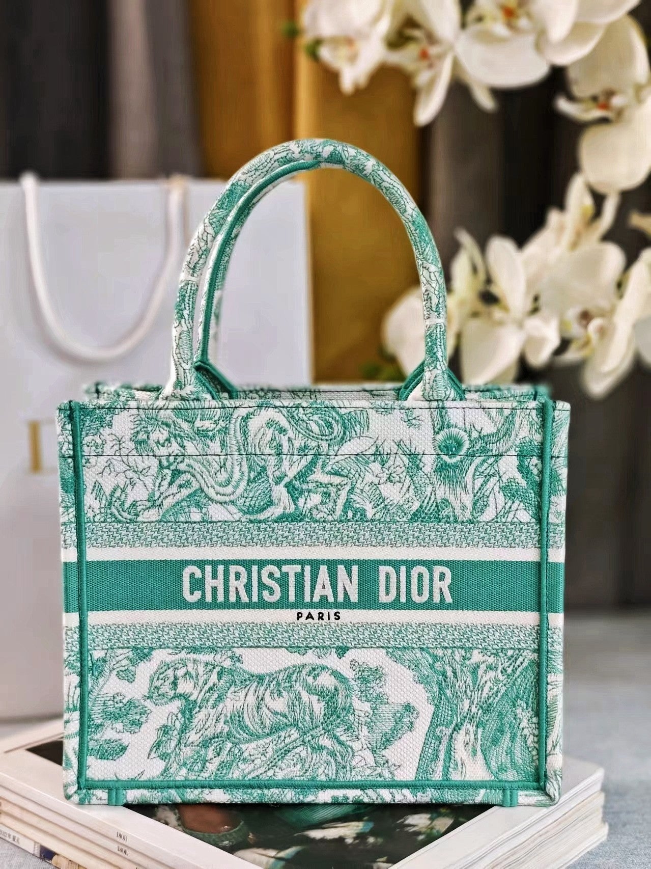 Christian Dior Mini Book Tote Bag Green Toile de Jouy Sauvage Embroidery