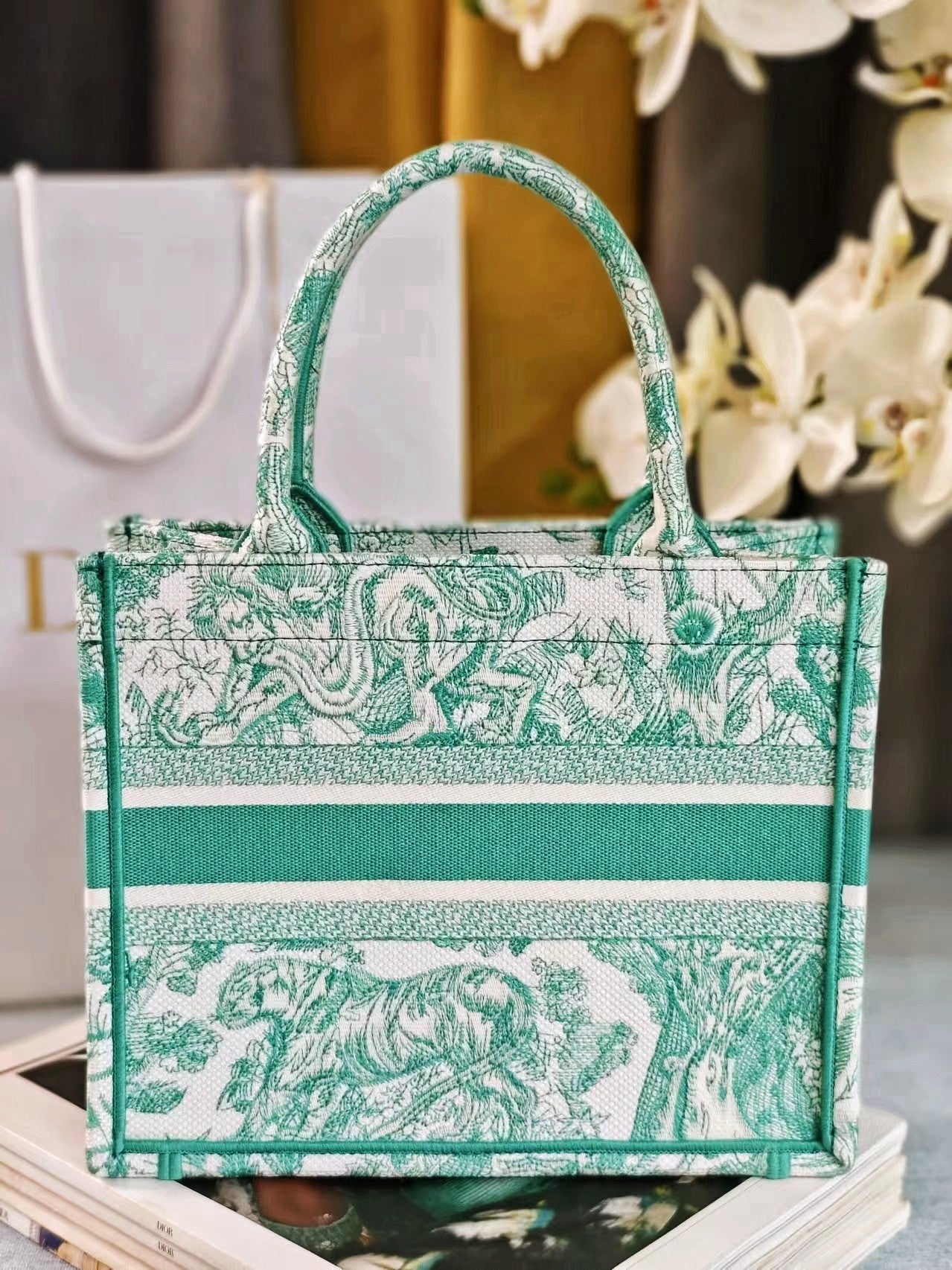 Christian Dior Mini Book Tote Bag Green Toile de Jouy Sauvage Embroidery