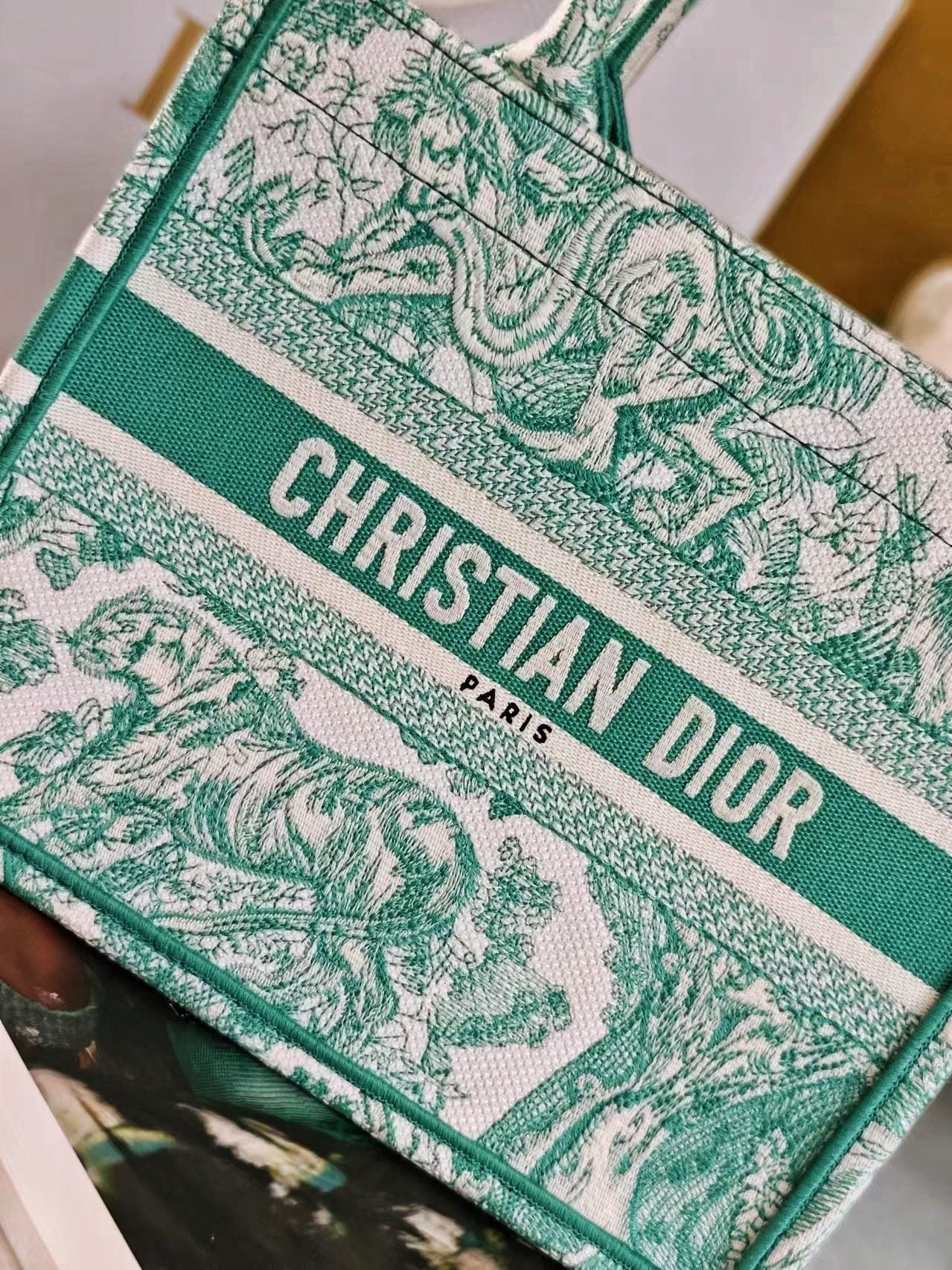 Christian Dior Mini Book Tote Bag Green Toile de Jouy Sauvage Embroidery