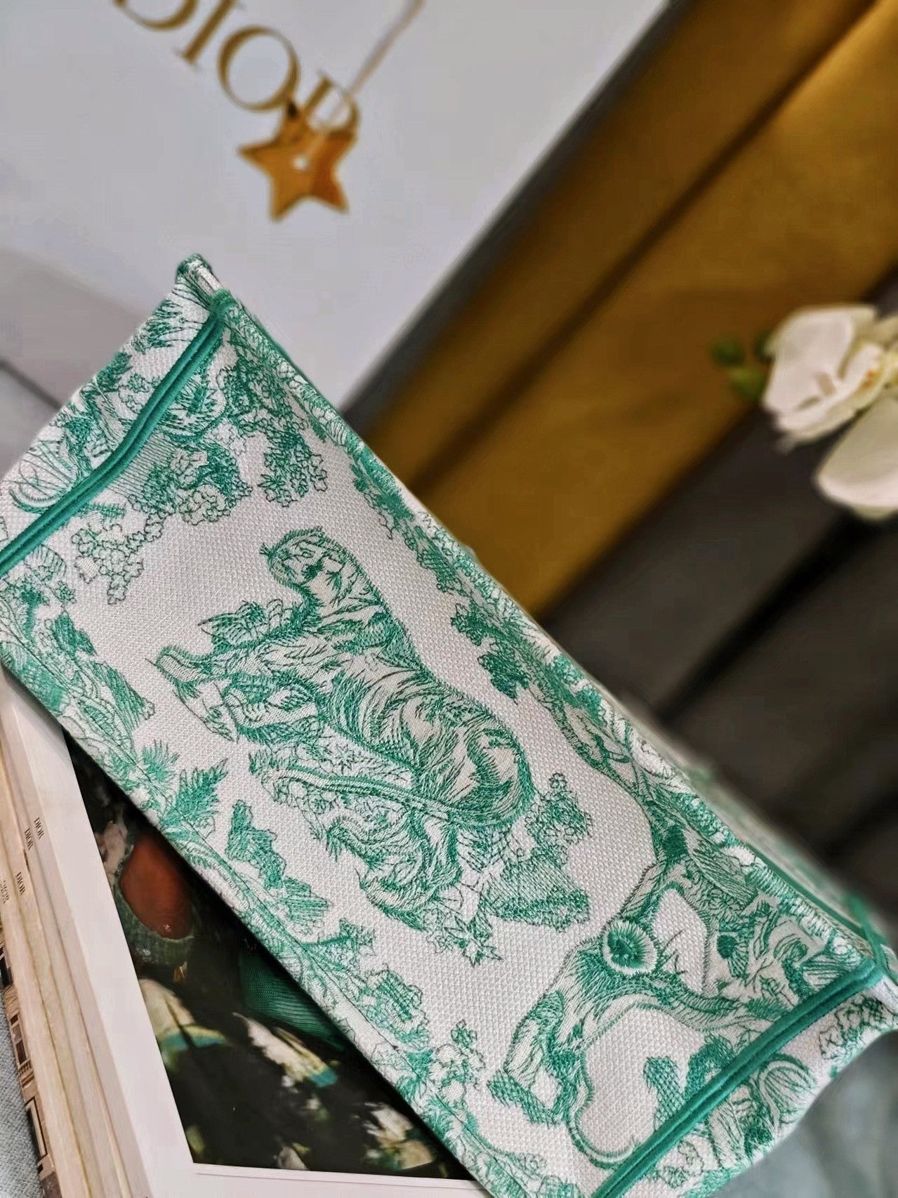 Christian Dior Mini Book Tote Bag Green Toile de Jouy Sauvage Embroidery