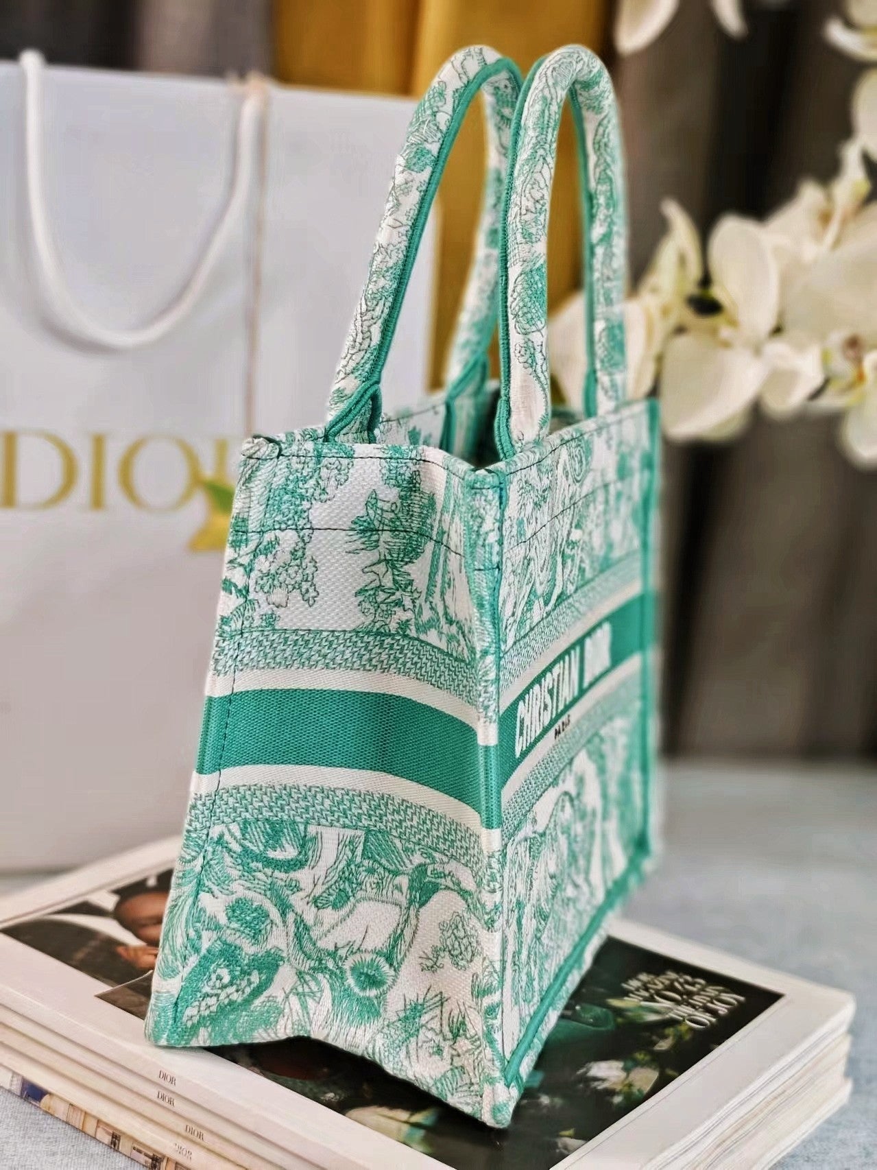 Christian Dior Mini Book Tote Bag Green Toile de Jouy Sauvage Embroidery