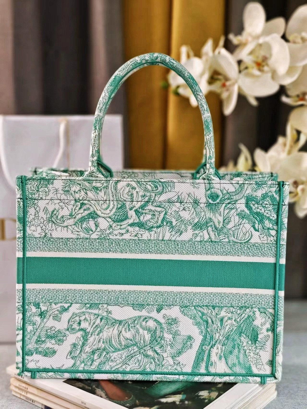Christian Dior Medium Book Tote Bag - Green Toile de Jouy Reverse Embroidery
