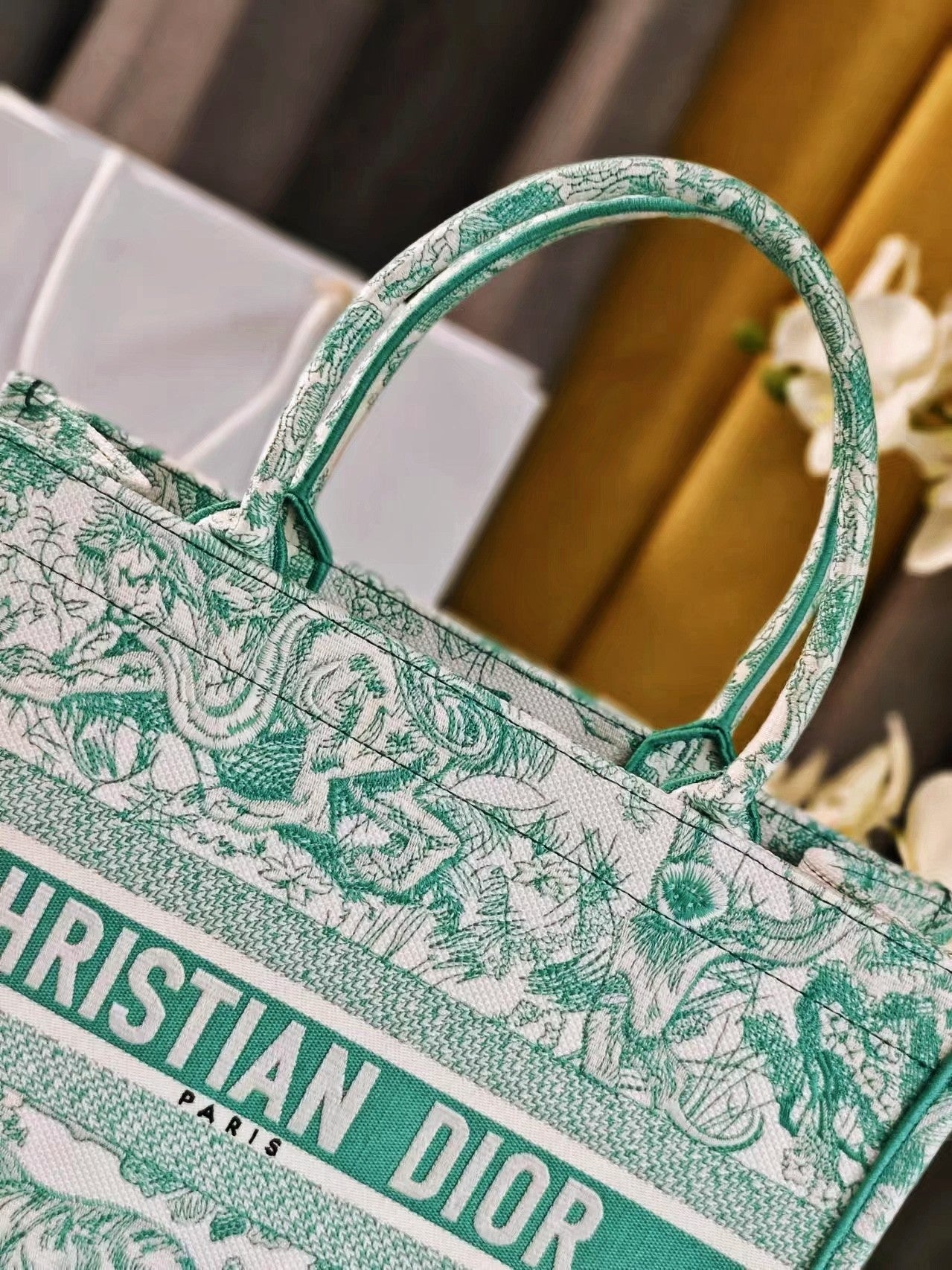 Dior Green and White Toile de Jouy Floral Canvas Tote Handbag