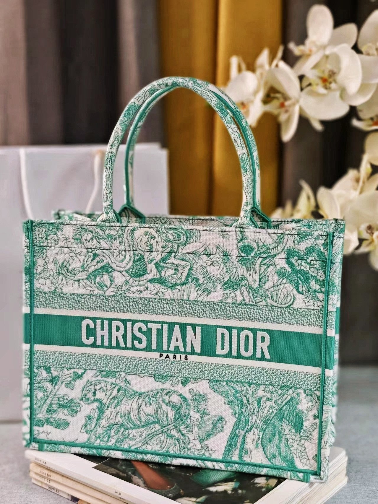 Christian Dior Medium Book Tote Bag - Green Toile de Jouy Reverse Embroidery