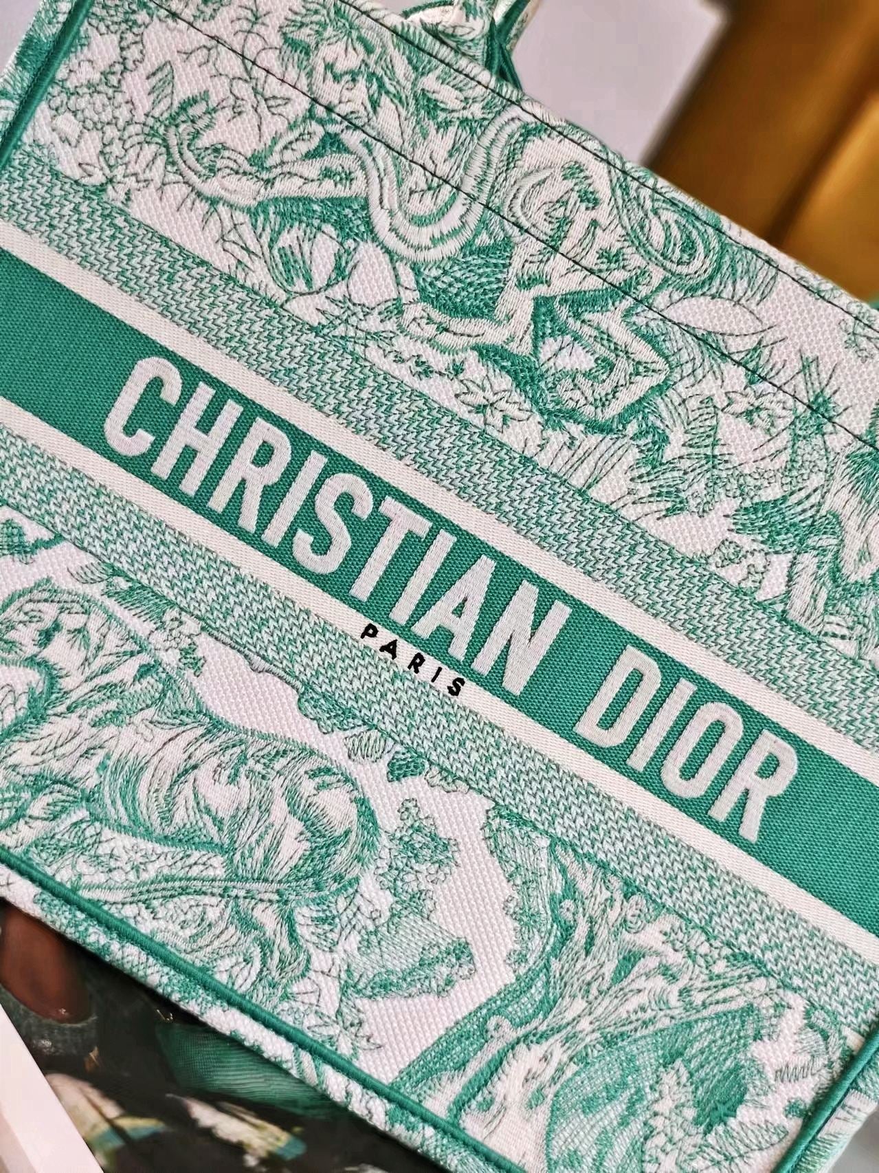 Christian Dior Medium Book Tote Bag - Green Toile de Jouy Reverse Embroidery