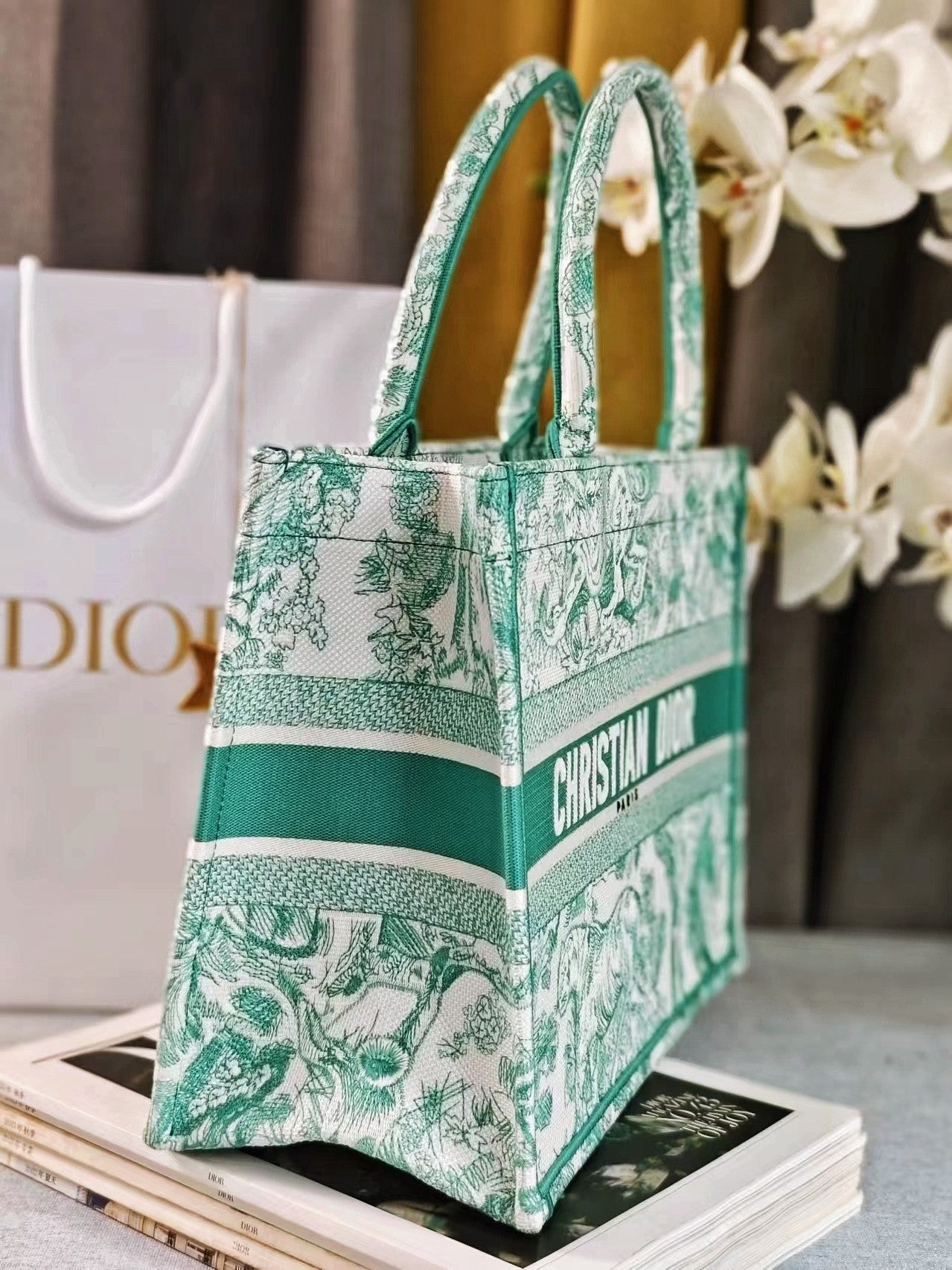 Dior Green and White Toile de Jouy Floral Canvas Tote Handbag