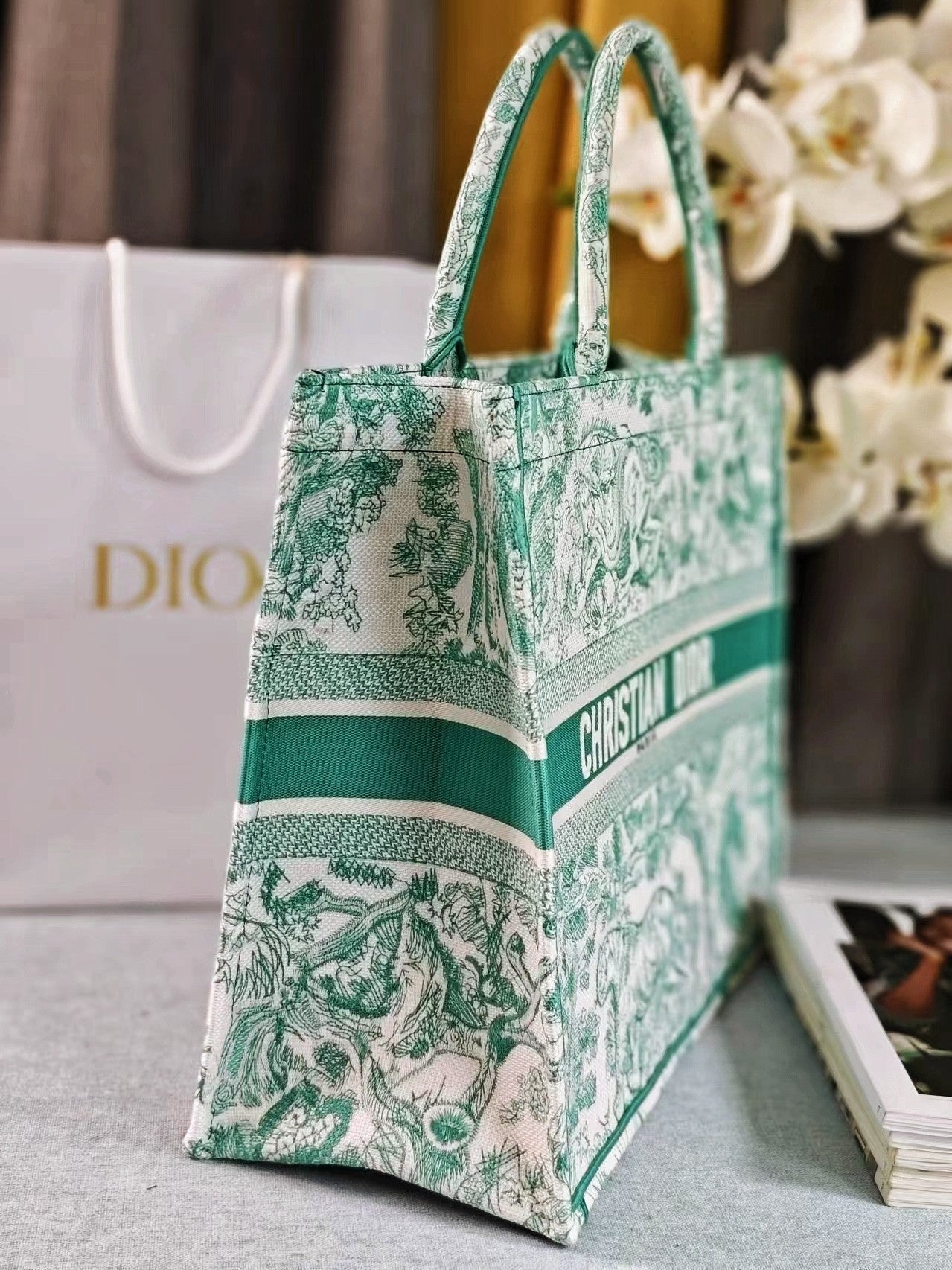 Christian Dior Large Green Toile de Jouy Book Tote Bag