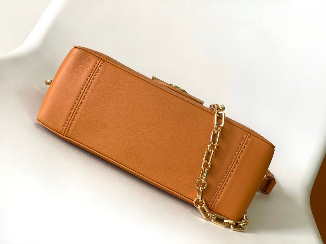 Women's Tan Leather Crossbody Handbag with Gold Chain Strap and Logo Buckle