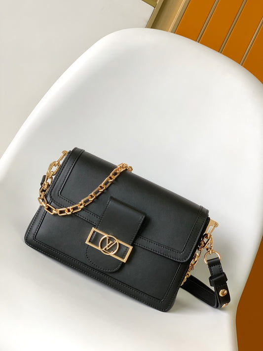 Women's Elegant Black Faux Leather Crossbody Bag with Gold Chain Detail