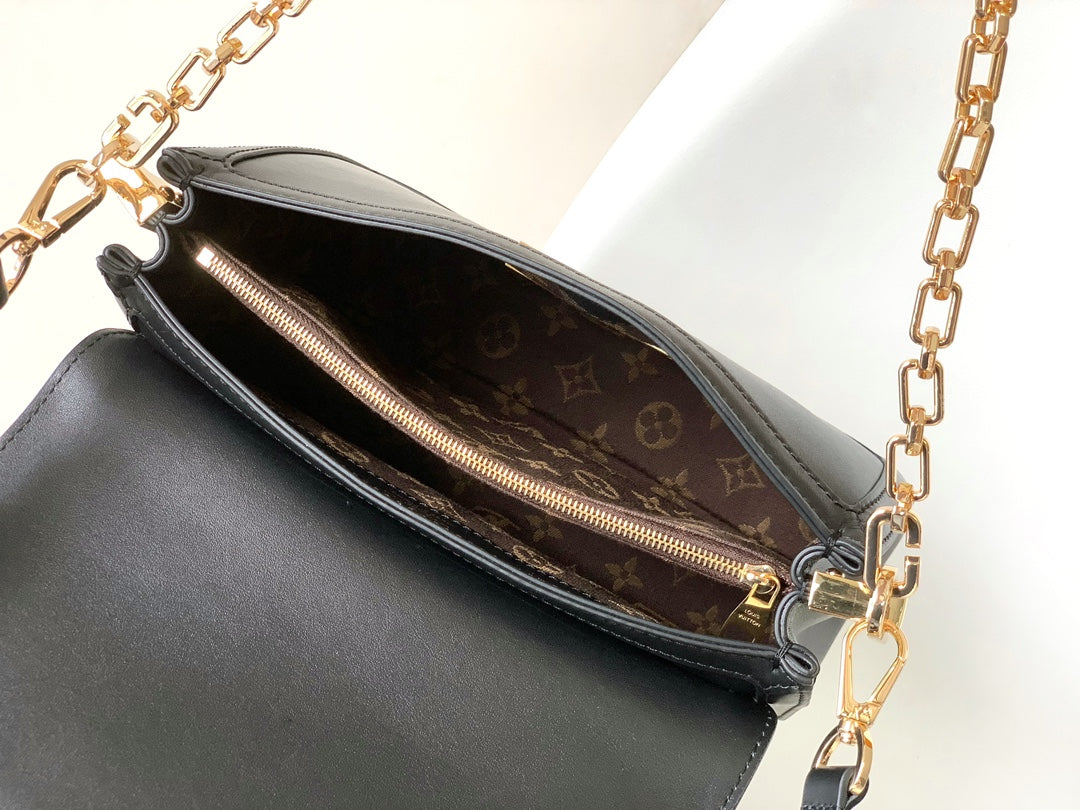 Women's Elegant Black Faux Leather Crossbody Bag with Gold Chain Detail