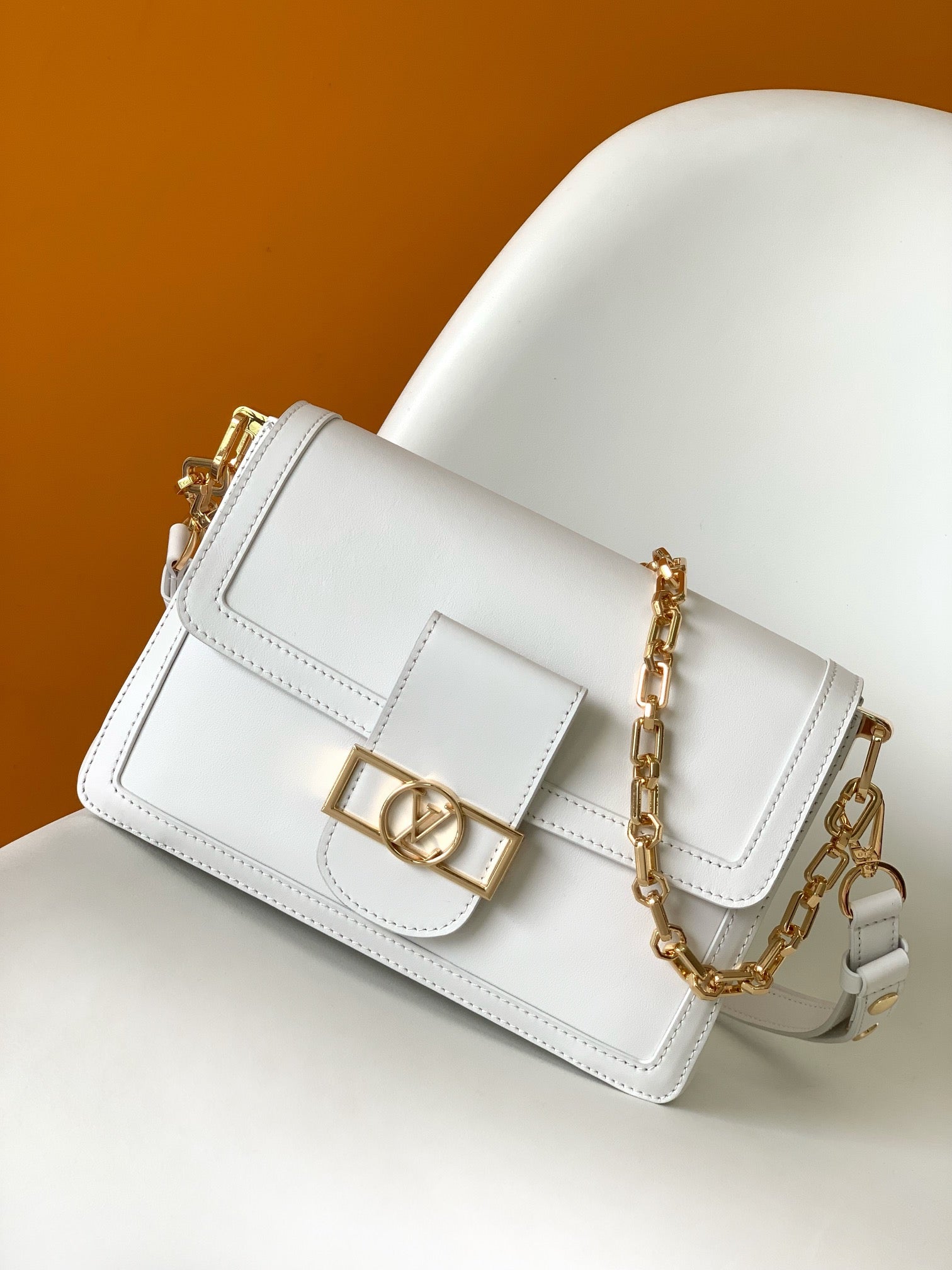 Louis Vuitton White Leather Dauphine Bag with Gold Hardware