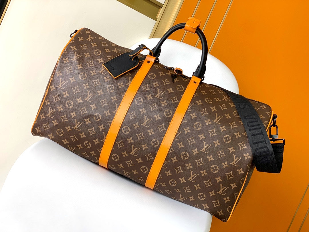 Louis Vuitton Keepall Bandoulière Monogram Canvas with Orange Trim Travel Bag