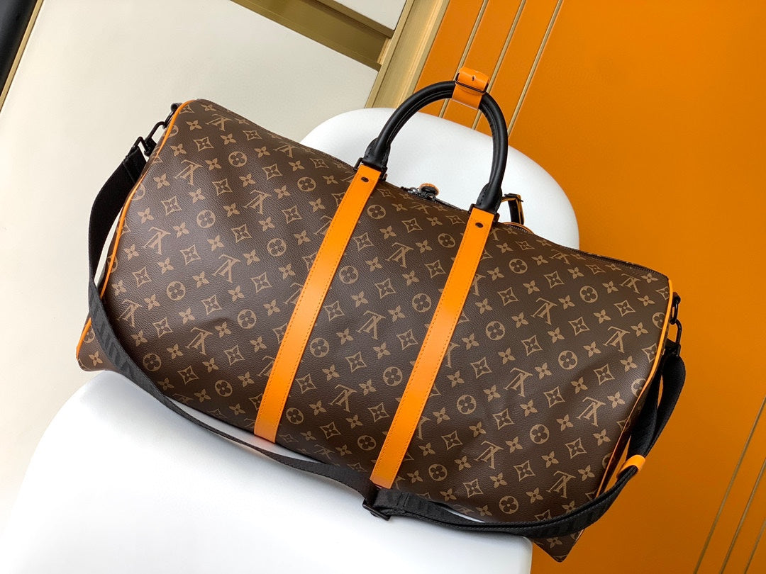 Louis Vuitton Keepall Bandoulière Monogram Canvas with Orange Trim Travel Bag