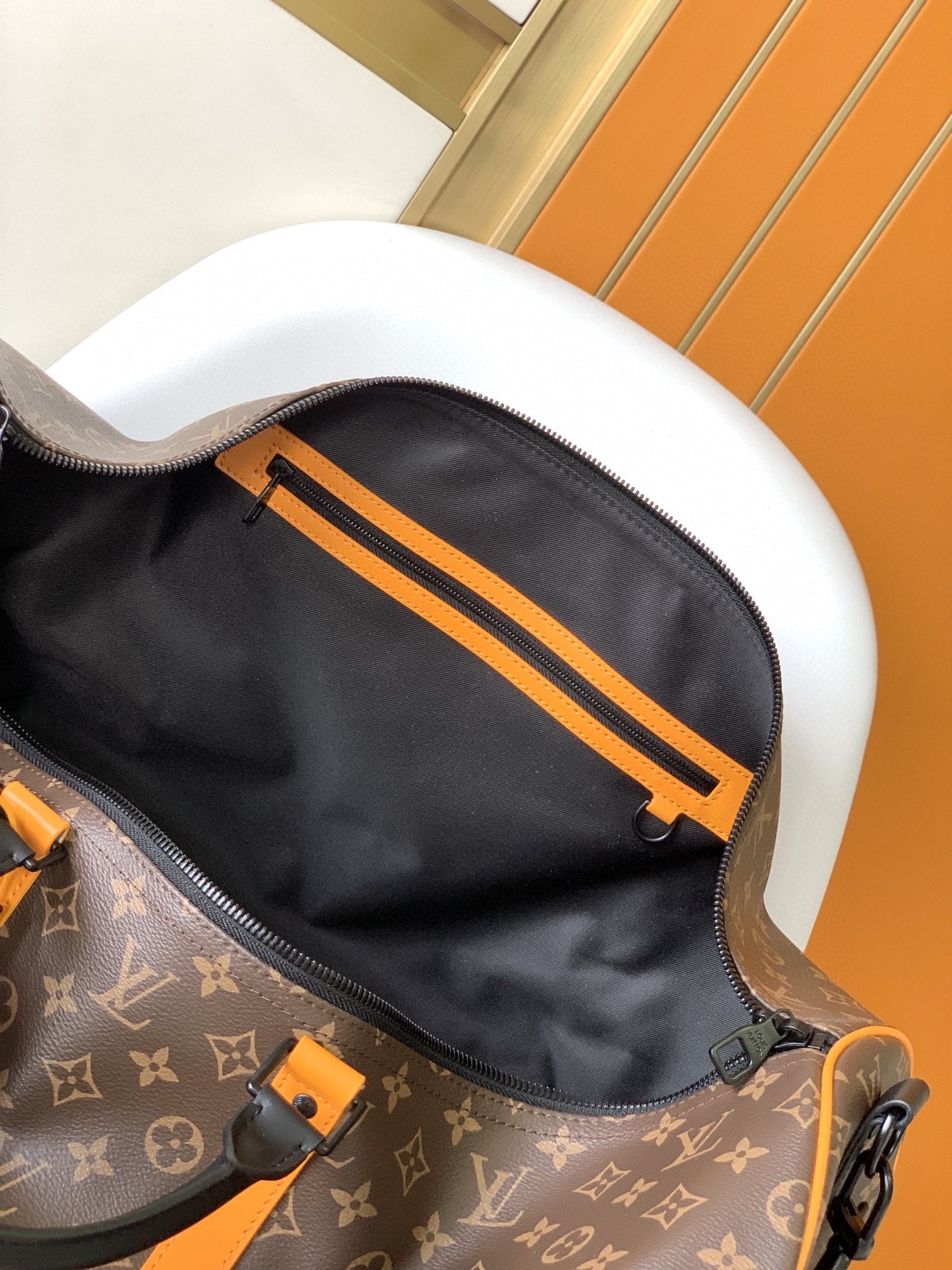 Louis Vuitton Classic Monogram Canvas Travel Duffle Bag with Orange Straps