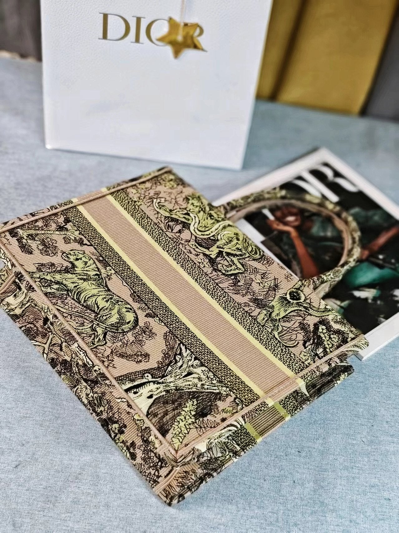Christian Dior Book Tote Bag - Lime Green & Beige Animal Print Toile de Jouy