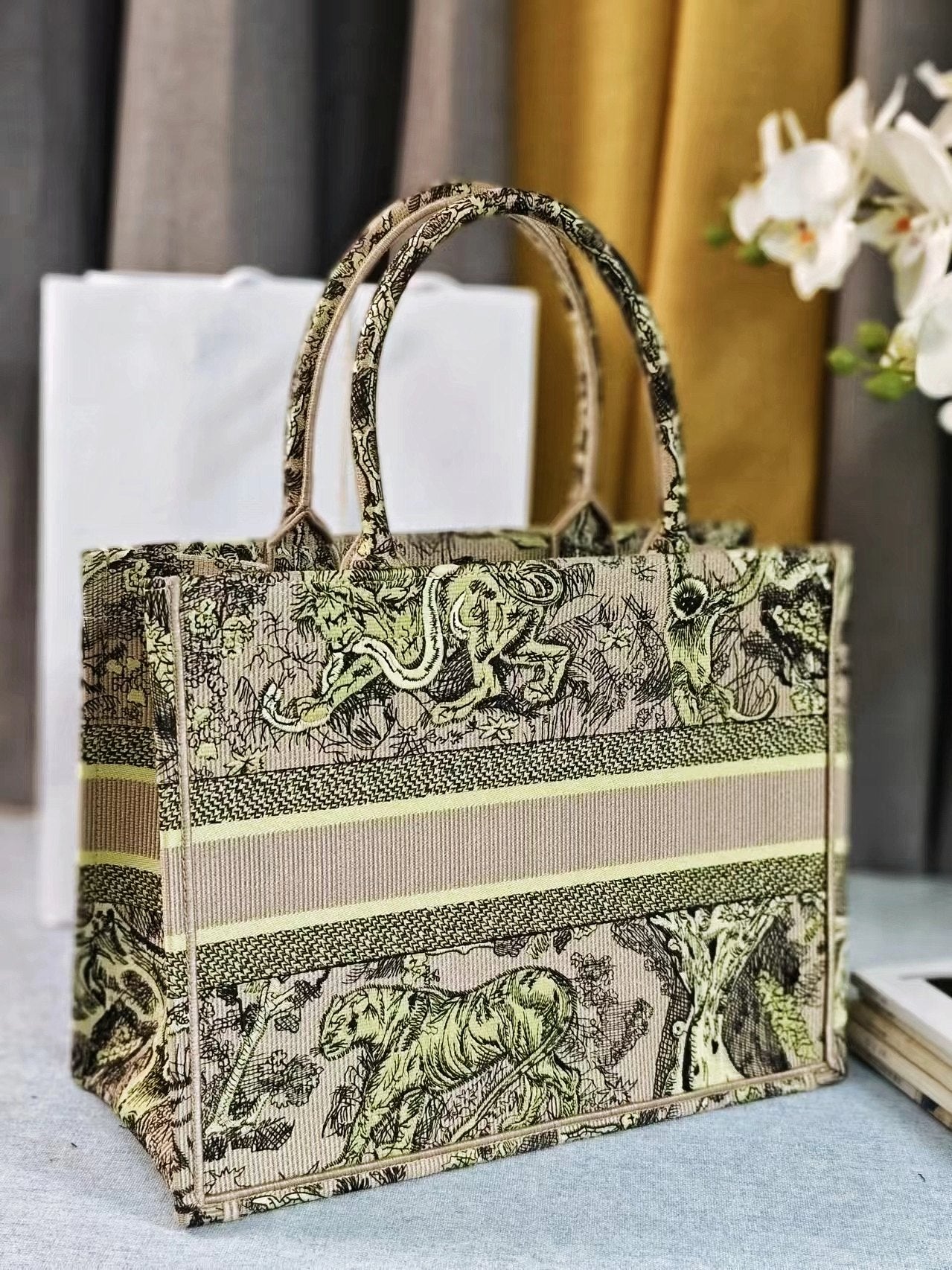 Christian Dior Book Tote Bag - Lime Green & Beige Animal Print Toile de Jouy