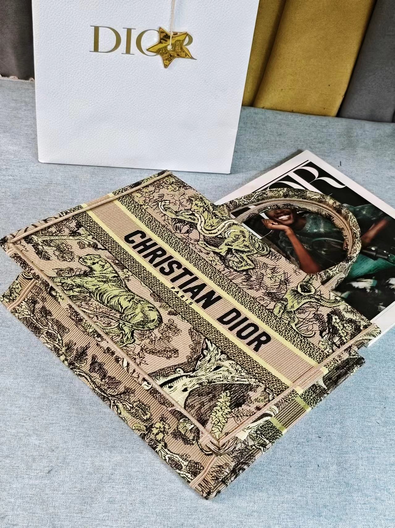 Christian Dior Book Tote Bag - Lime Green & Beige Animal Print Toile de Jouy