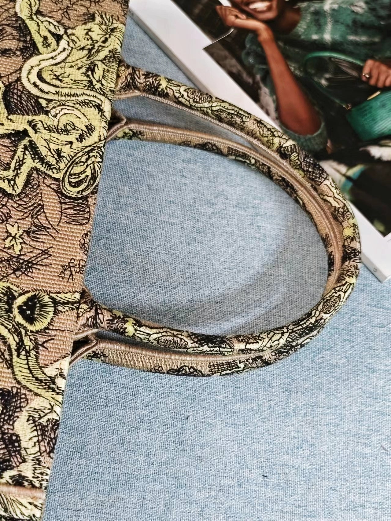 Christian Dior Book Tote Bag - Lime Green & Beige Animal Print Toile de Jouy