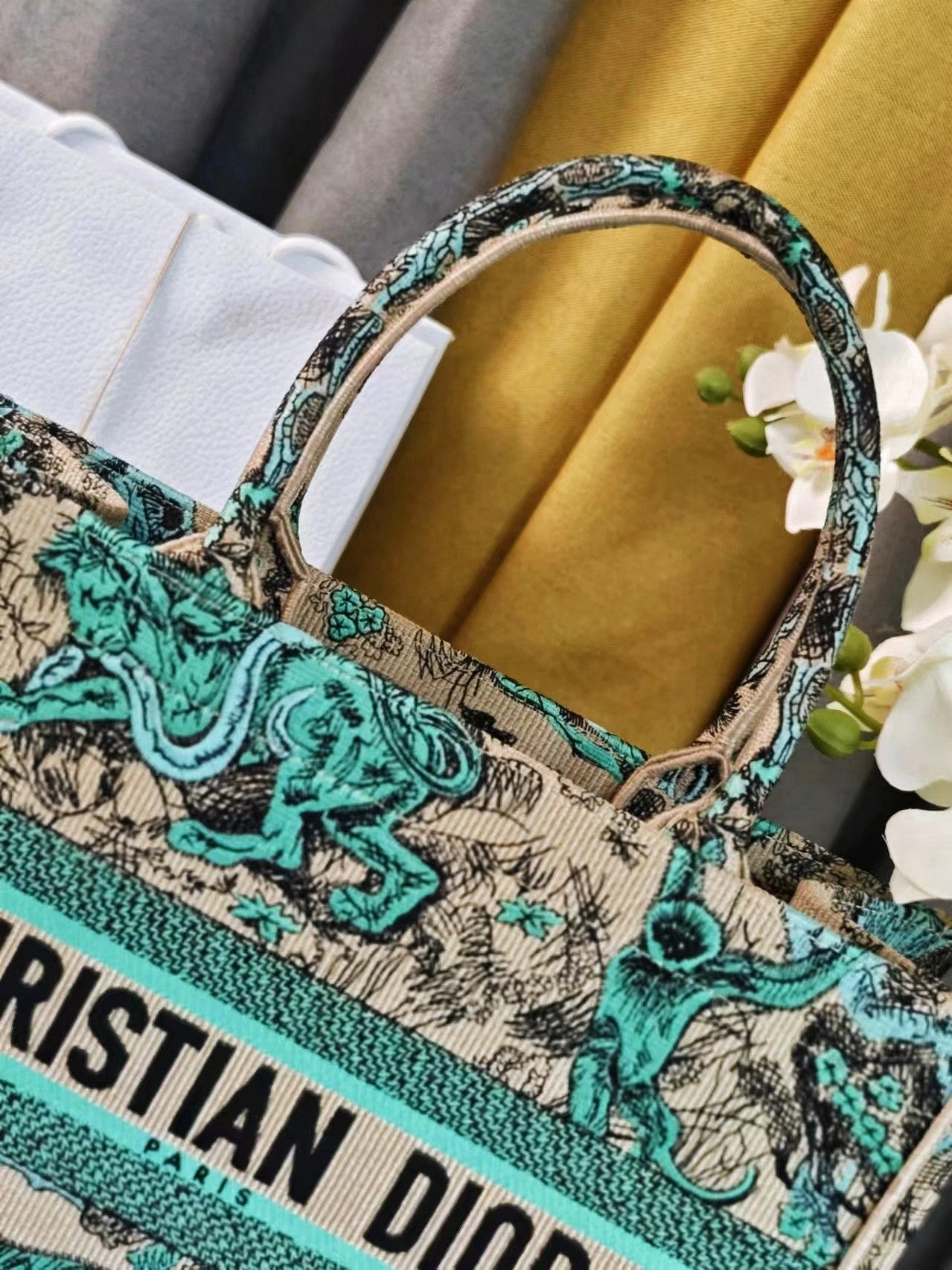 Christian Dior Medium Book Tote Bag - Teal and Beige Toile de Jouy Animal Embroidery
