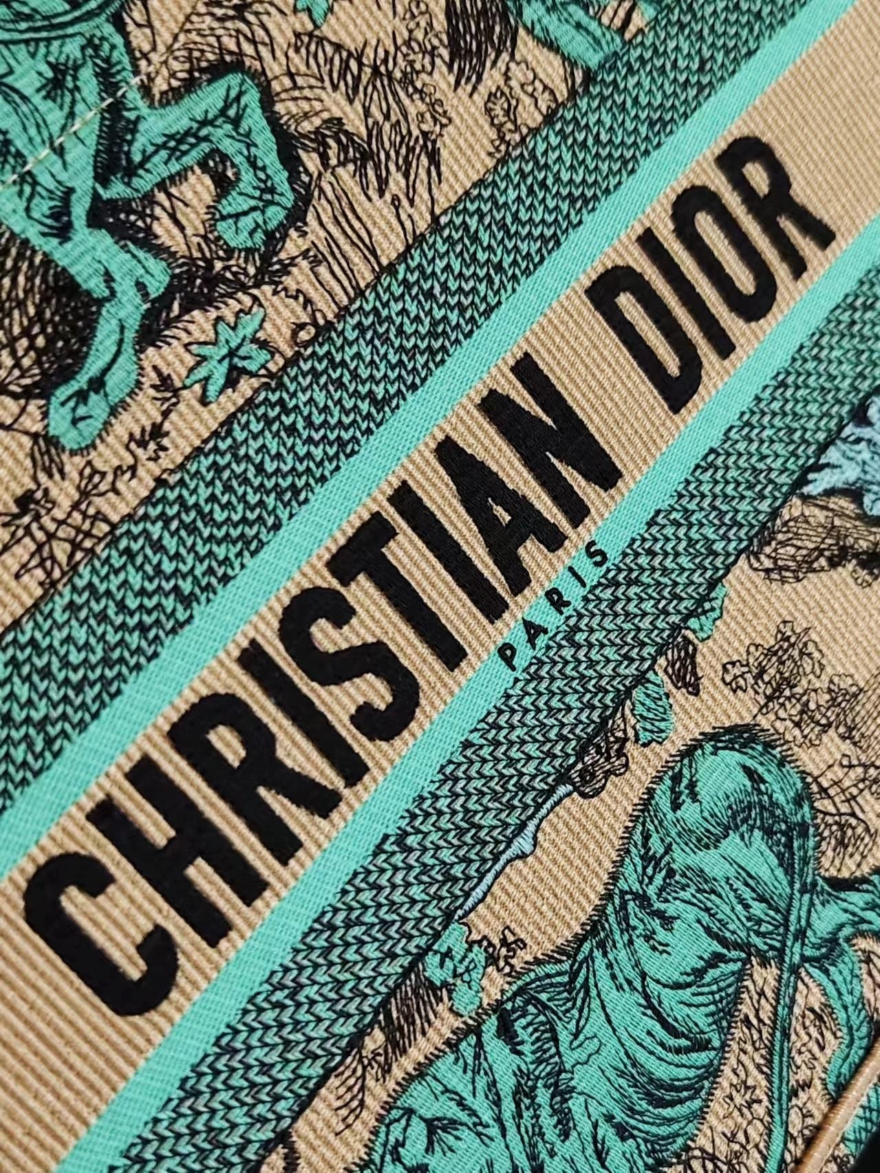 Christian Dior Medium Book Tote Bag - Teal and Beige Toile de Jouy Animal Embroidery
