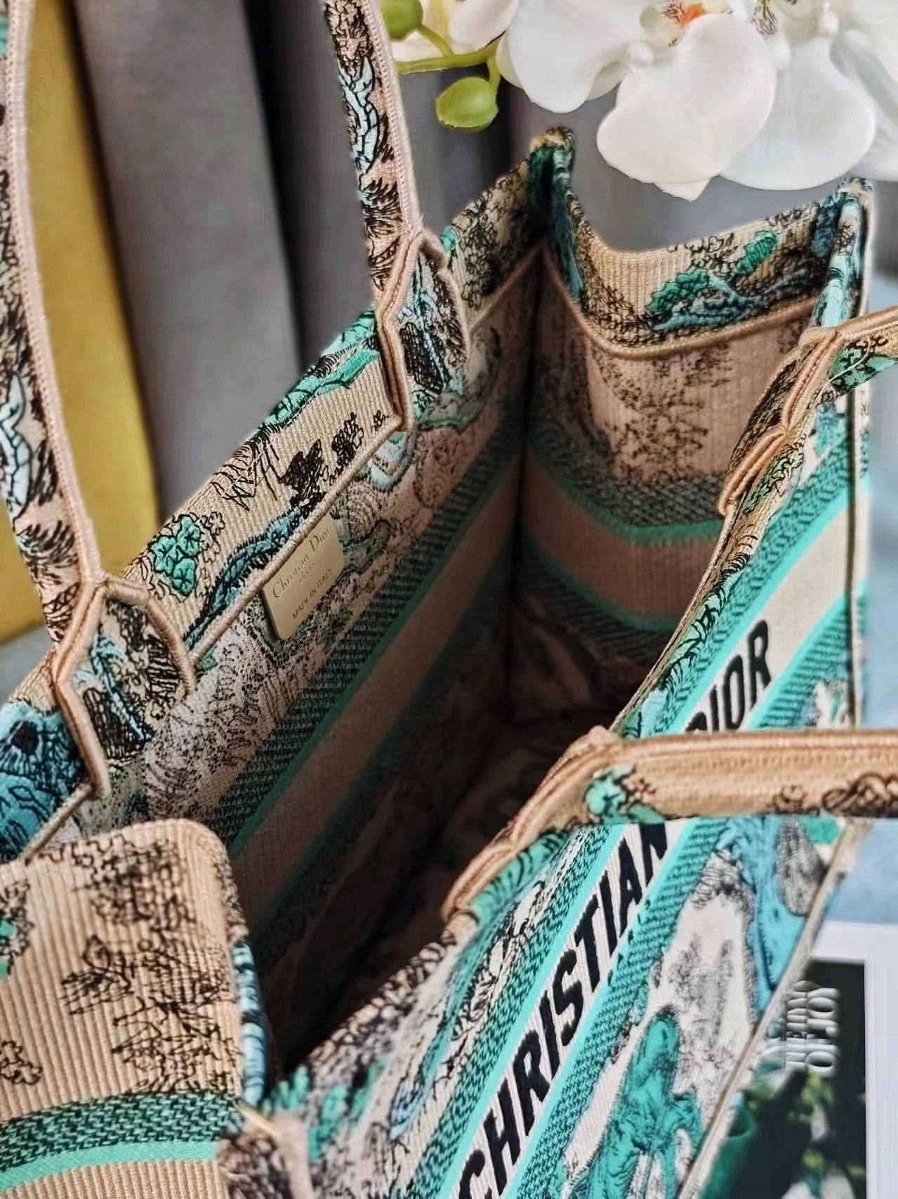 Christian Dior Medium Book Tote Bag - Teal and Beige Toile de Jouy Animal Embroidery