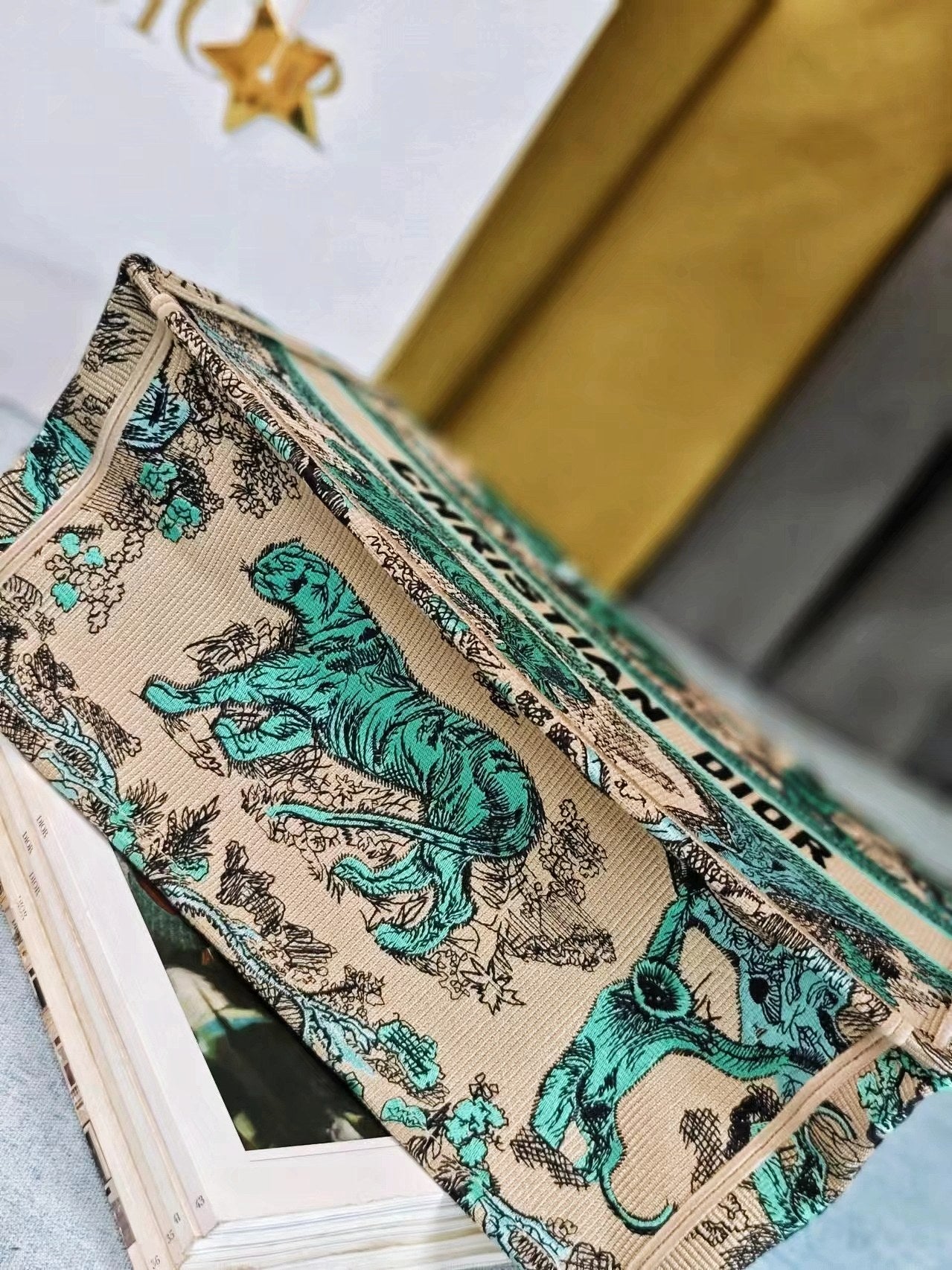 Christian Dior Medium Book Tote Bag - Teal and Beige Toile de Jouy Animal Embroidery