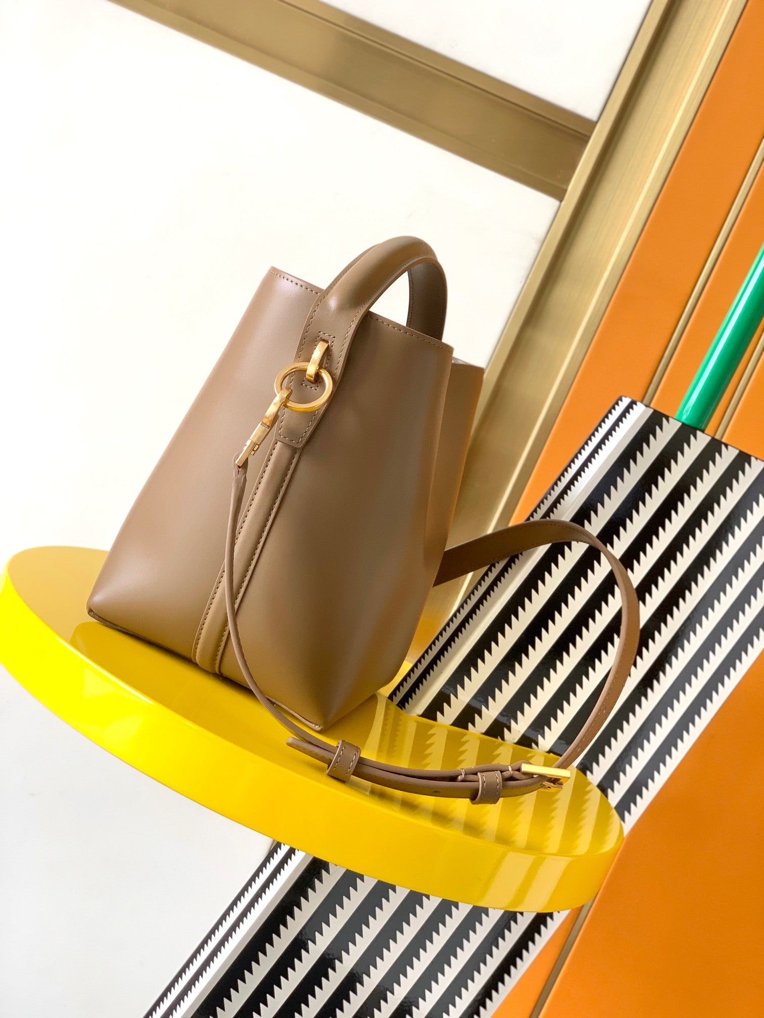Saint Laurent LE 5 À 7 Small Leather Bucket Bag in Taupe