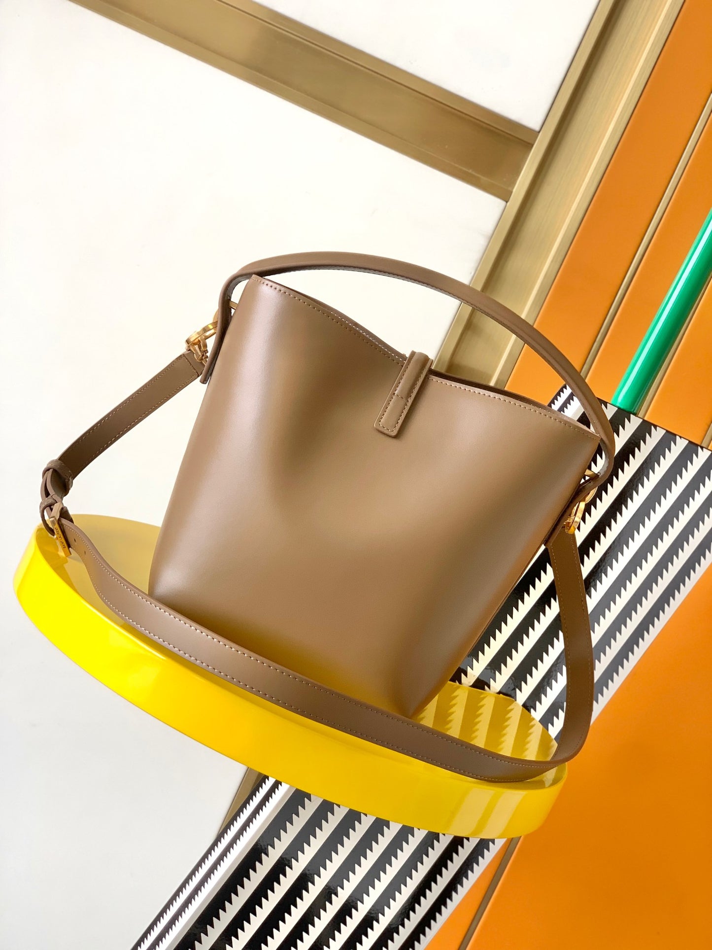 Saint Laurent LE 5 À 7 Small Leather Bucket Bag in Taupe