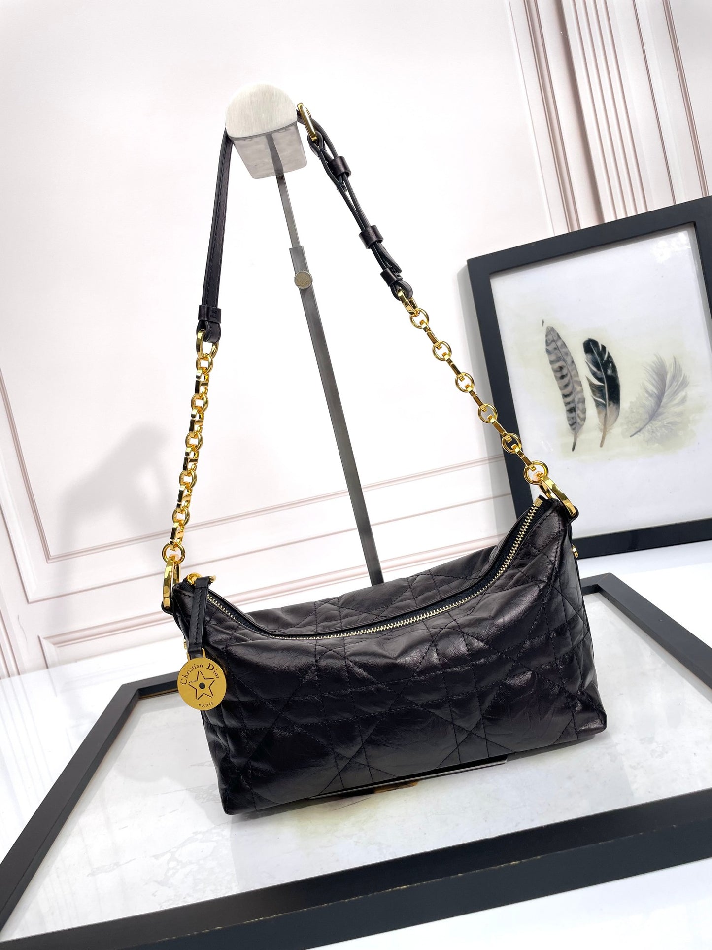Elegant Black Quilted Leather Shoulder Bag with Gold Chain Strap