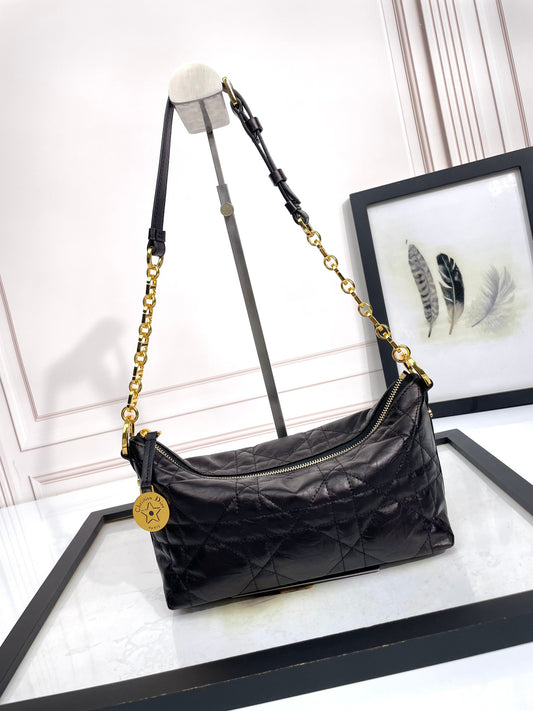 Black Quilted Leather Shoulder Bag with Gold Chain Strap