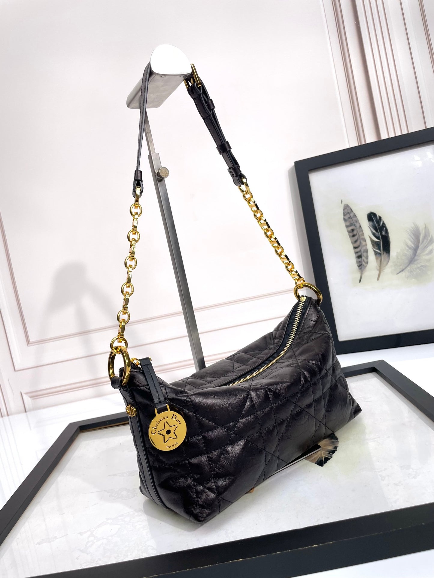 Black Quilted Leather Shoulder Bag with Gold Chain Strap