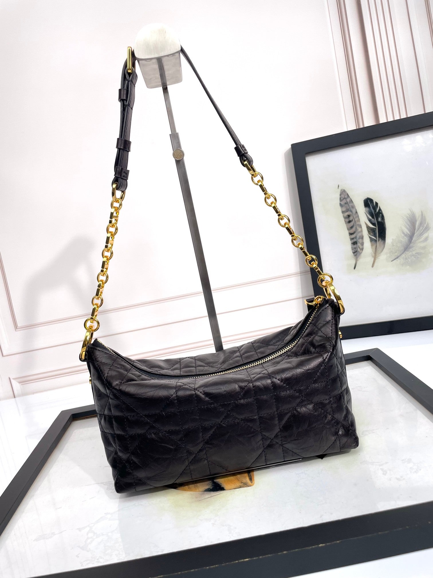 Black Quilted Leather Shoulder Bag with Gold Chain Strap