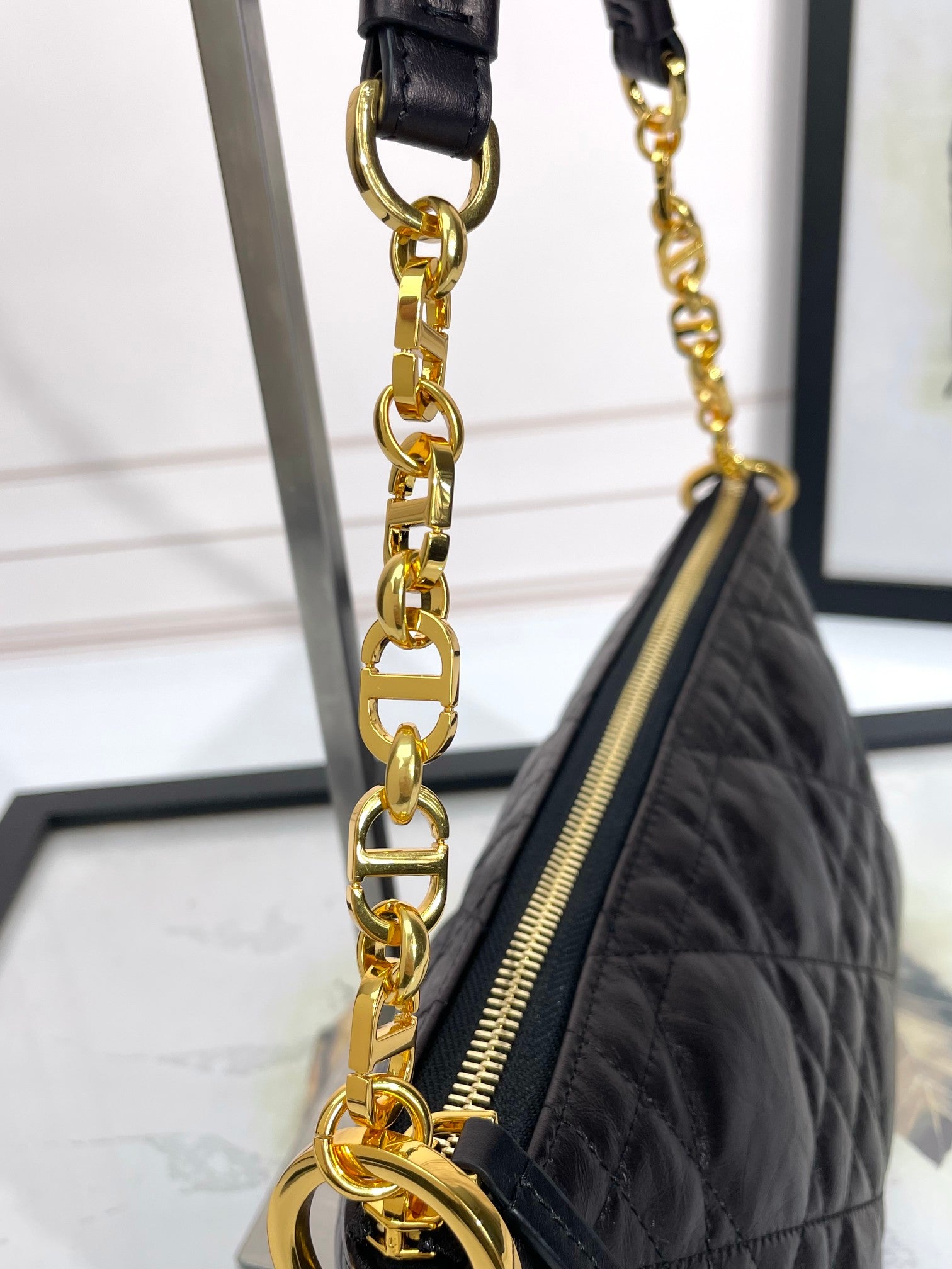 Black Quilted Leather Shoulder Bag with Gold Chain Strap