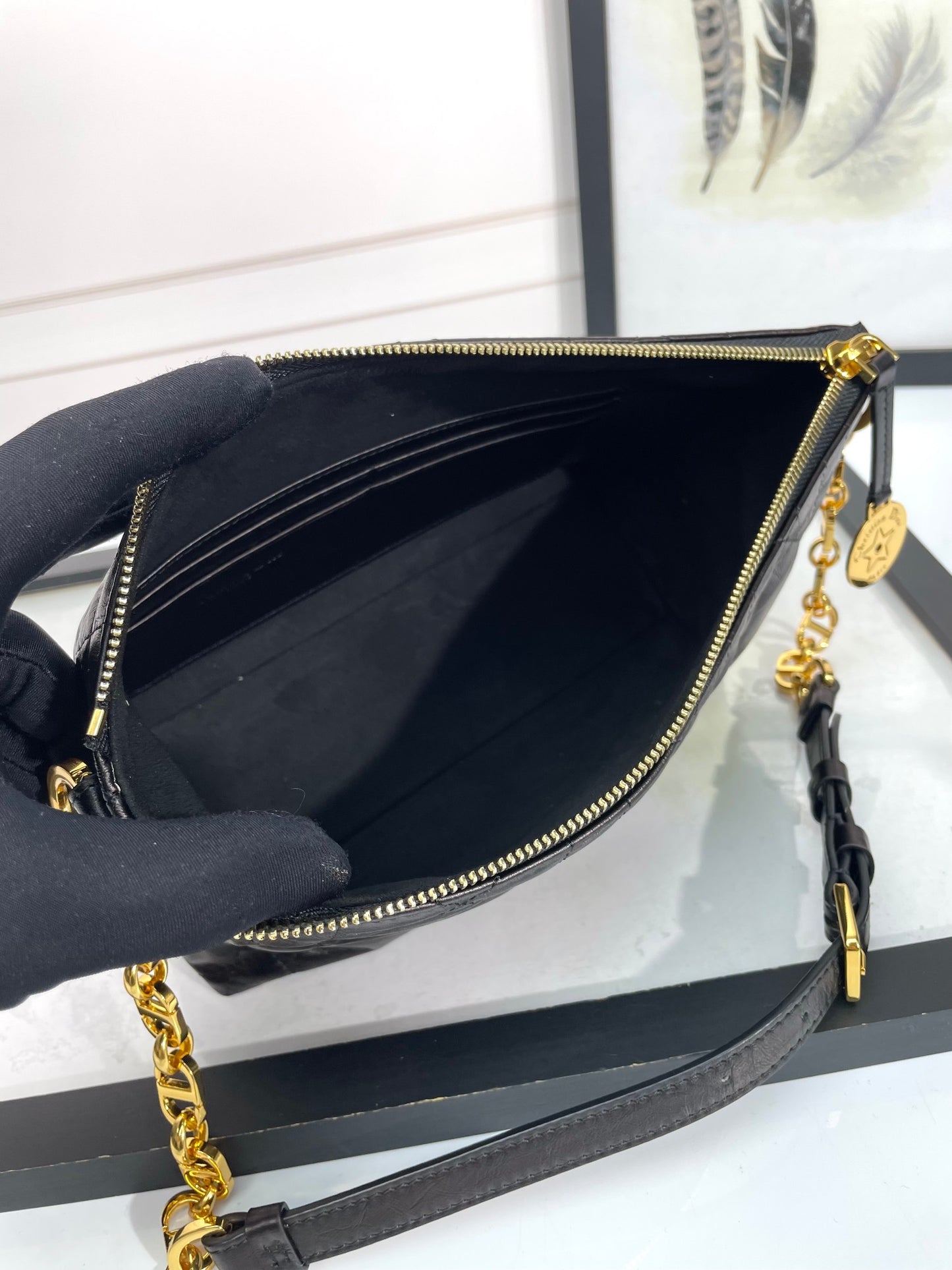 Black Quilted Leather Shoulder Bag with Gold Chain Strap