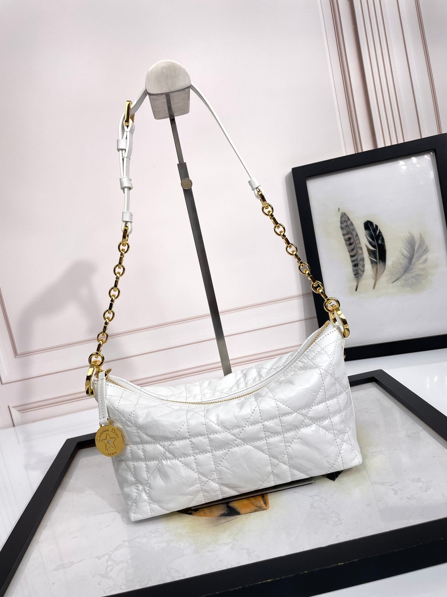 White Quilted Leather Hobo Shoulder Bag with Gold-Tone Chain Strap