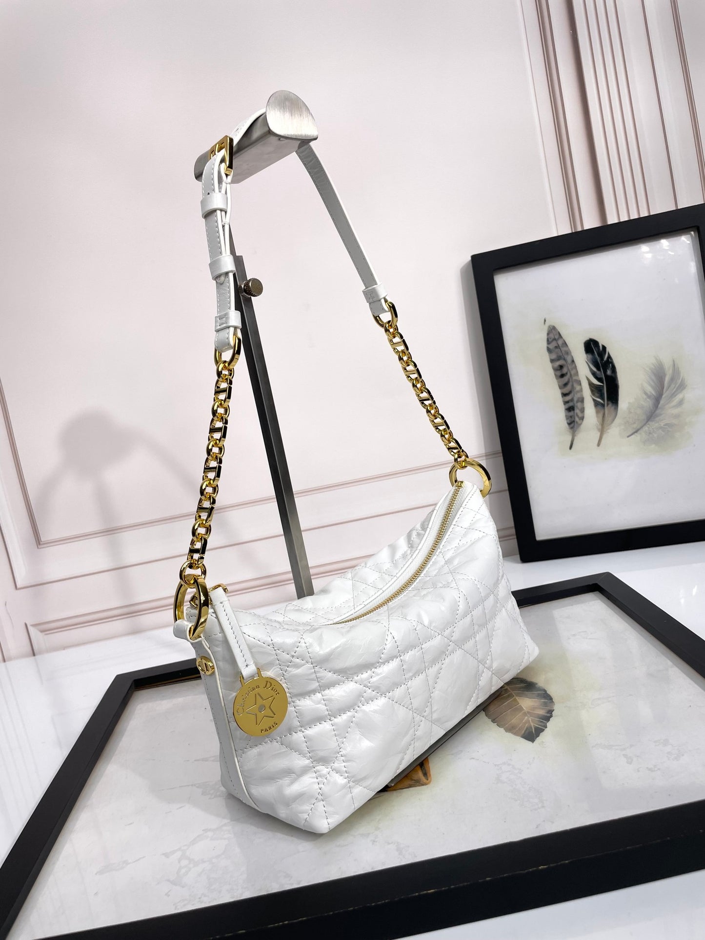 White Quilted Leather Hobo Shoulder Bag with Gold-Tone Chain Strap