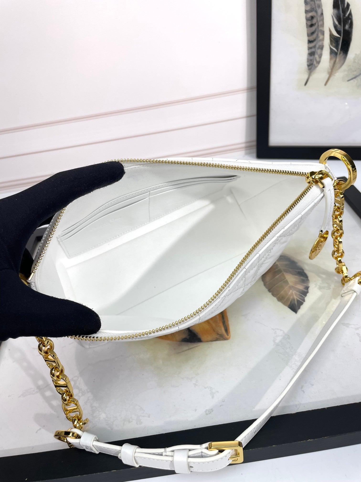 White Quilted Leather Hobo Shoulder Bag with Gold-Tone Chain Strap