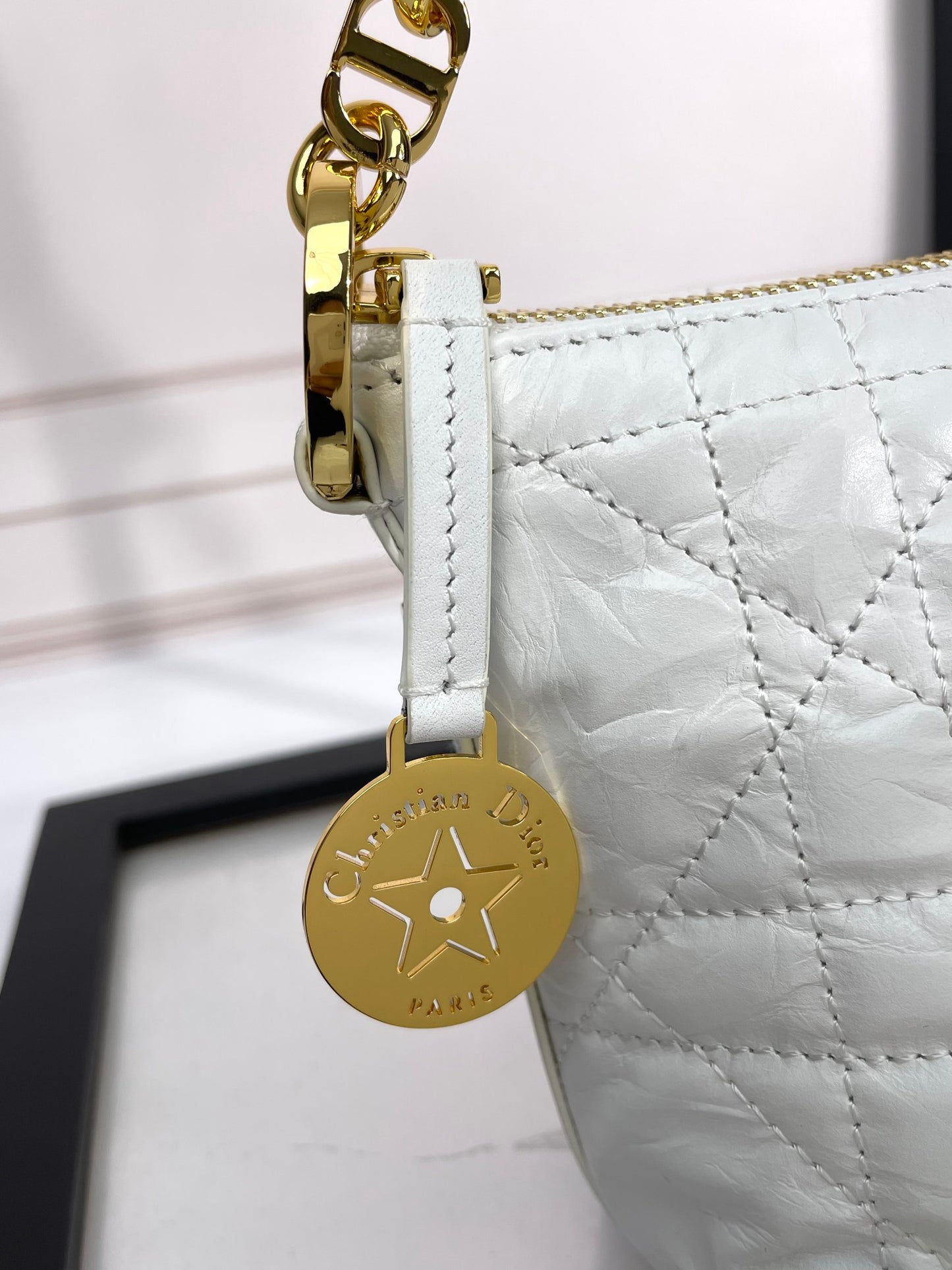 Dior White Quilted Leather Shoulder Bag with Gold Chain Strap