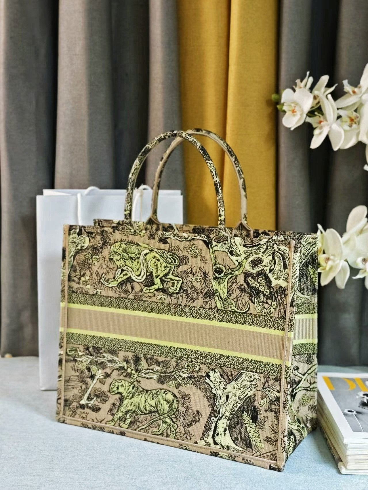 Christian Dior Medium Book Tote Bag Beige Multicolor Toile de Jouy Embroidery