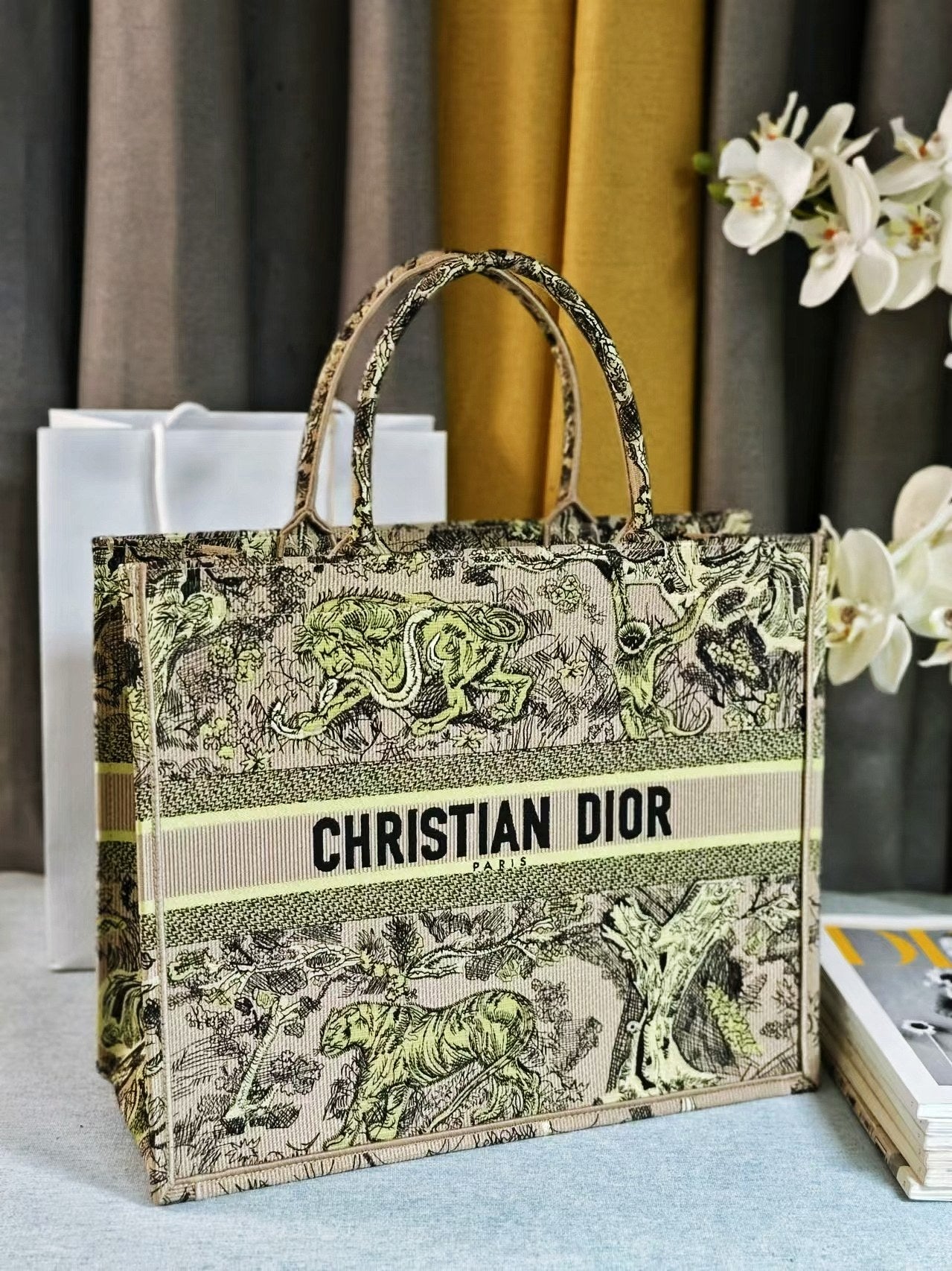 Christian Dior Medium Book Tote Bag Beige Multicolor Toile de Jouy Embroidery