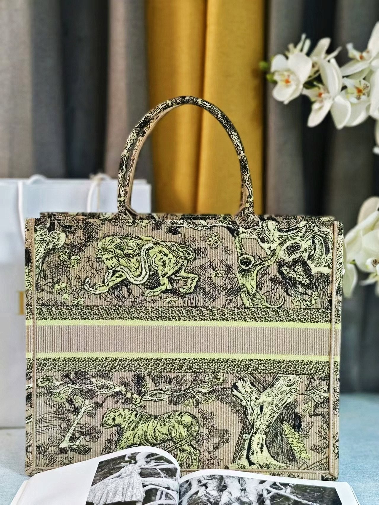 Christian Dior Medium Book Tote Bag Beige Multicolor Toile de Jouy Embroidery