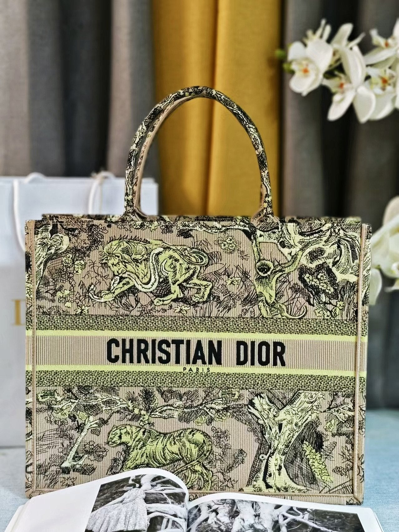 Christian Dior Medium Book Tote Bag Beige Multicolor Toile de Jouy Embroidery