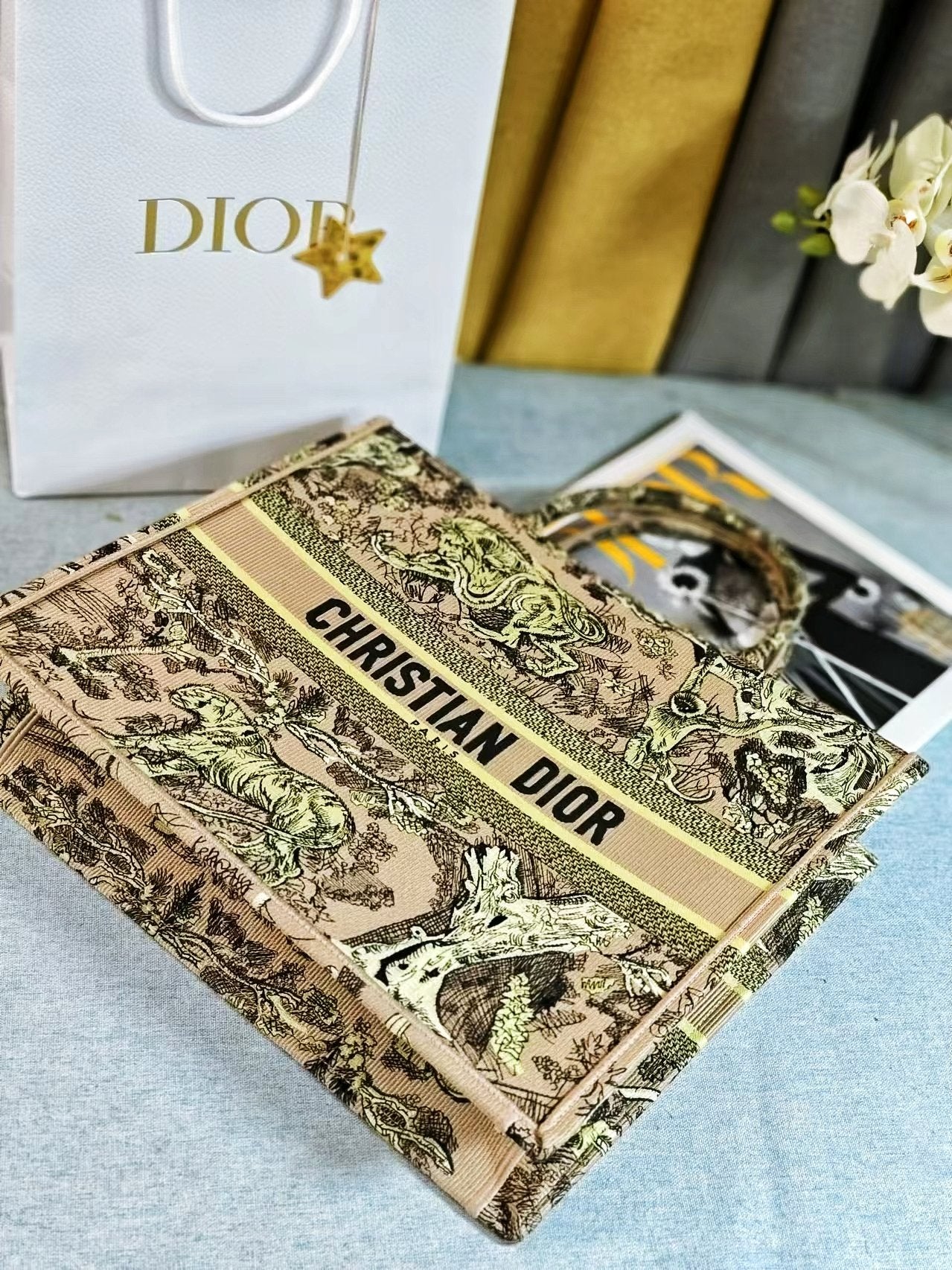 Christian Dior Medium Book Tote Bag Beige Multicolor Toile de Jouy Embroidery