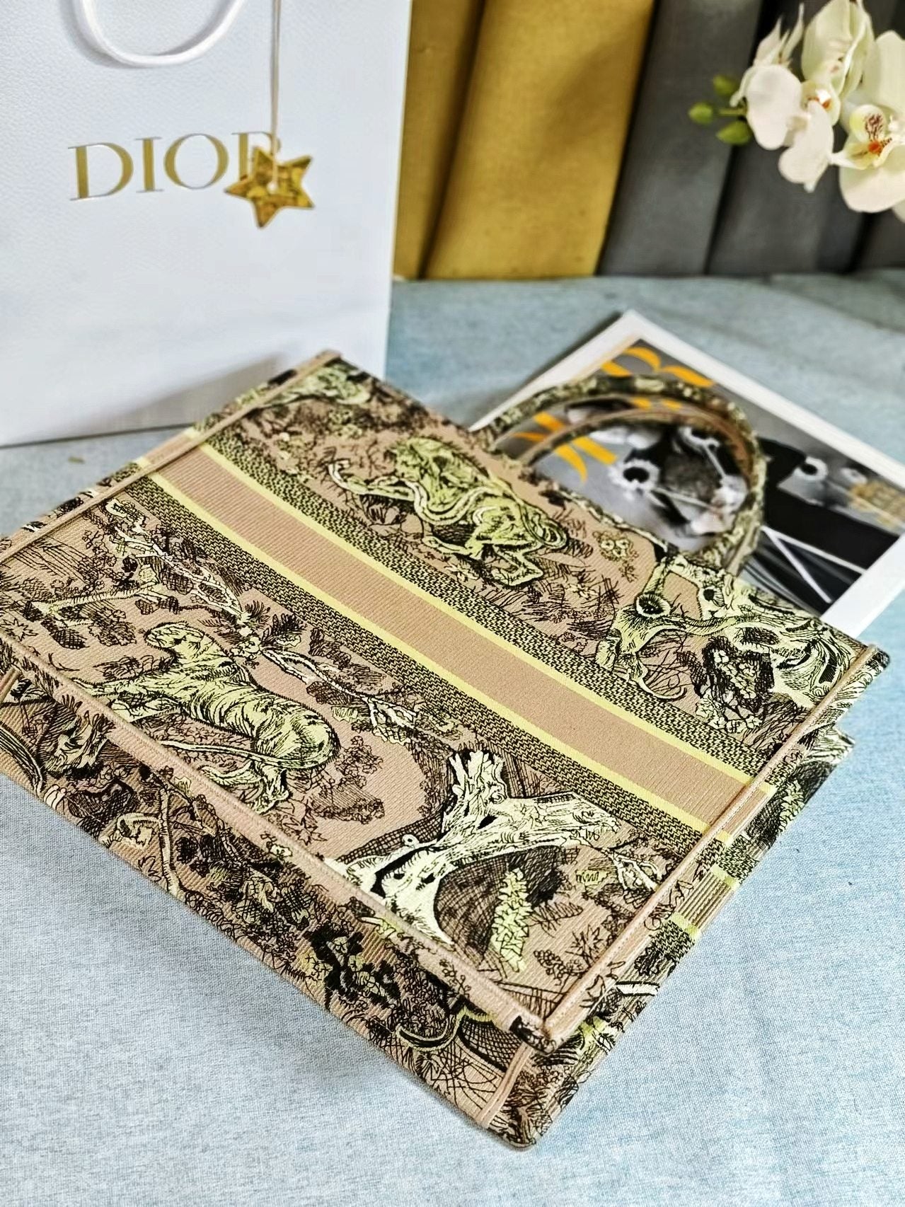 Christian Dior Medium Book Tote Bag Beige Multicolor Toile de Jouy Embroidery
