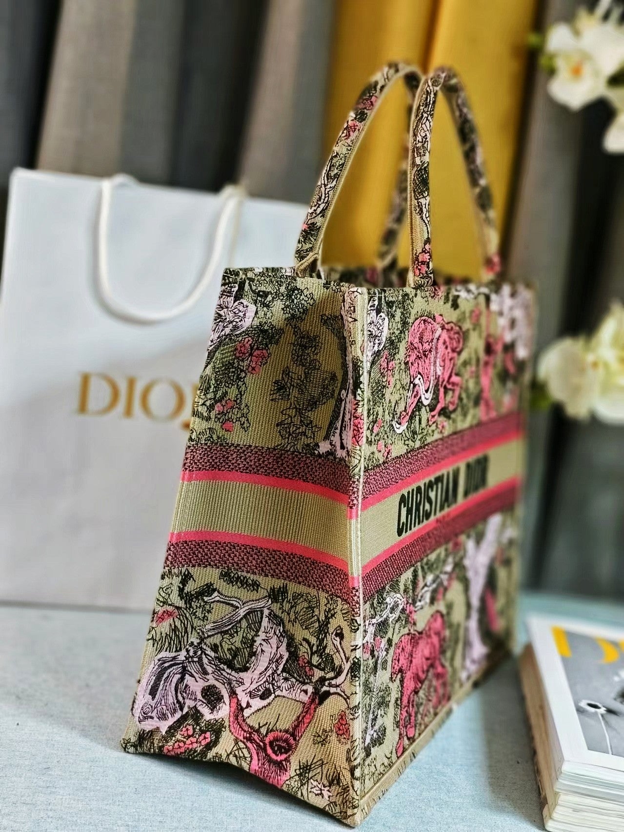 Christian Dior Large Book Tote Pink Toile de Jouy Sauvage Embroidery