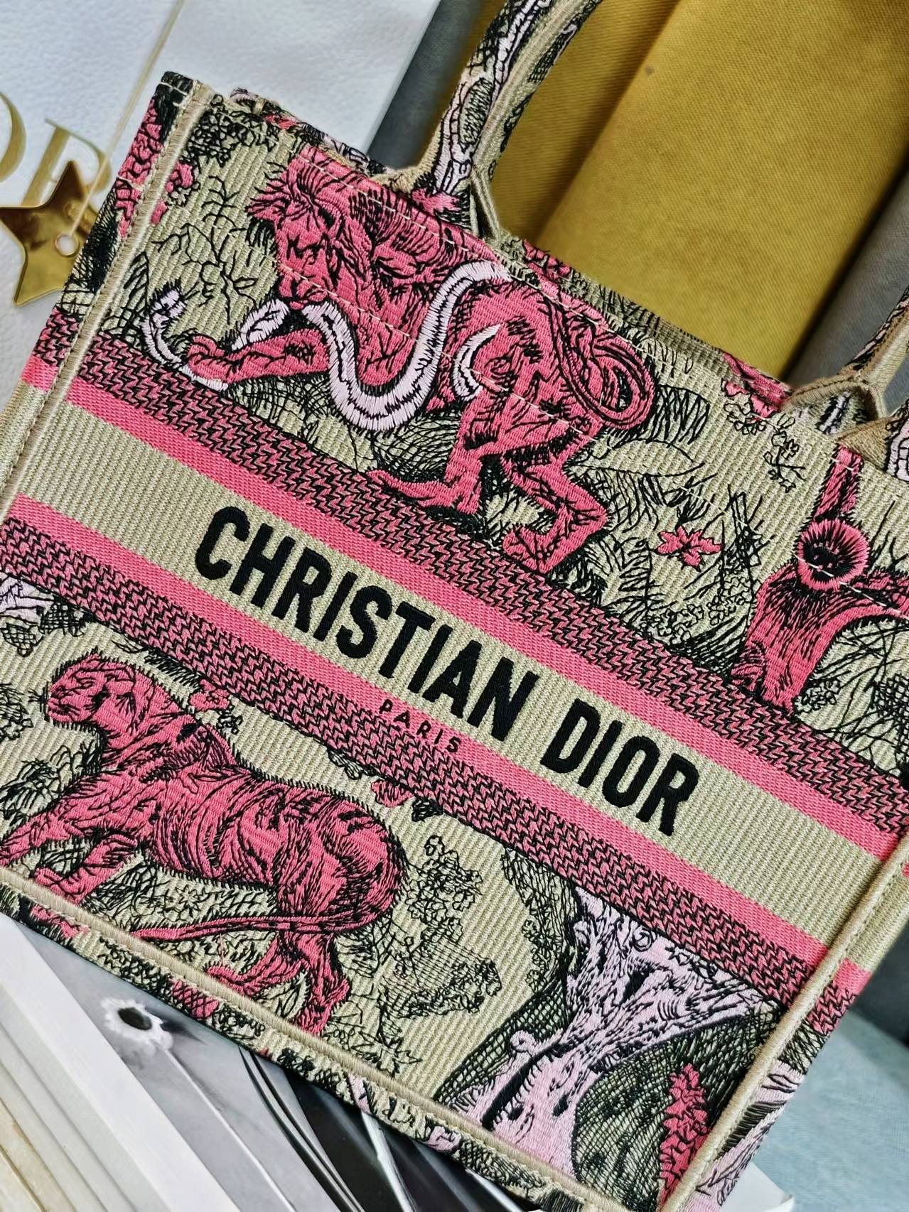 Christian Dior Small Book Tote Bag Pink Toile de Jouy Sauvage Embroidery