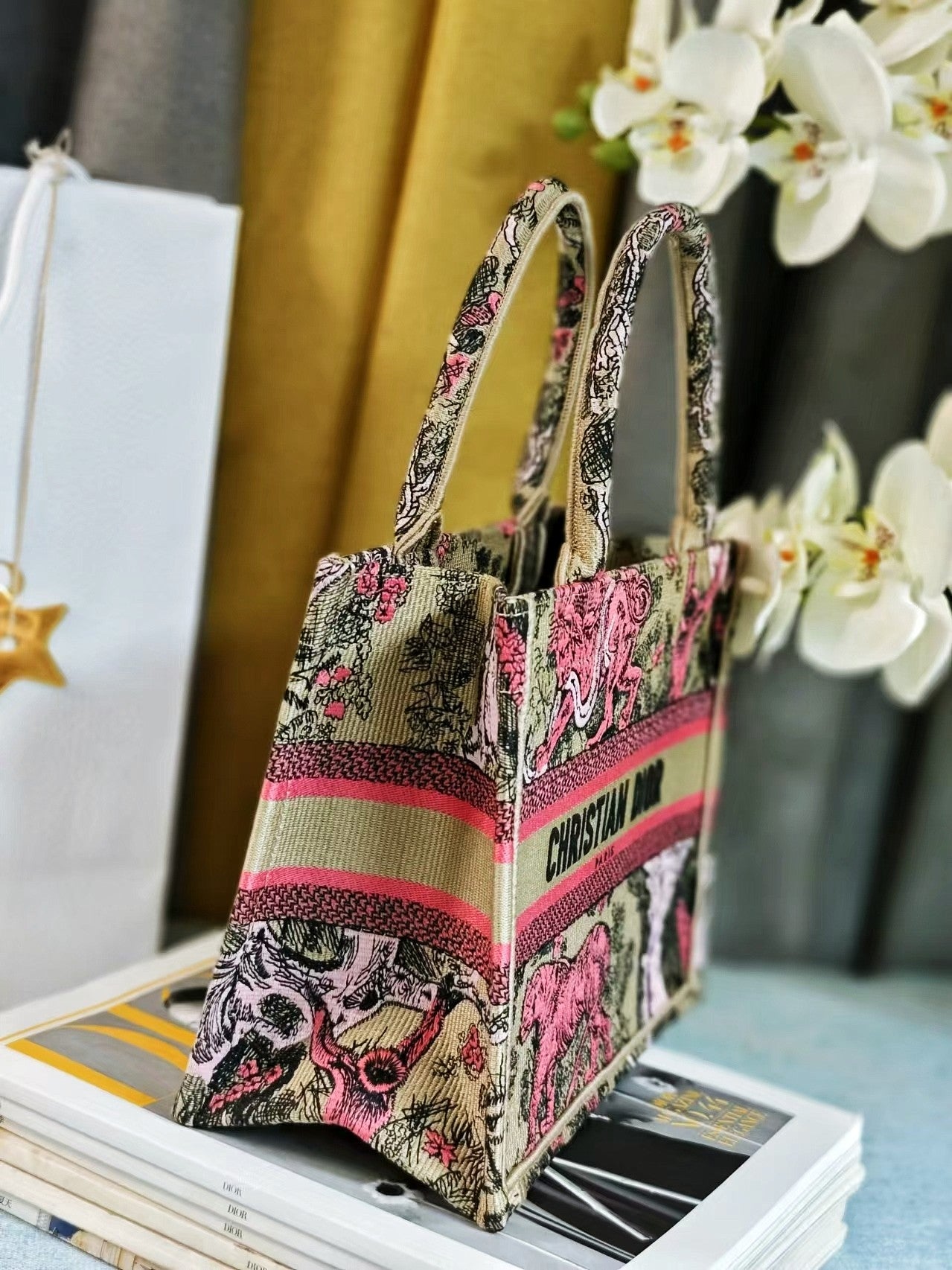 Christian Dior Small Book Tote Bag Pink Toile de Jouy Sauvage Embroidery