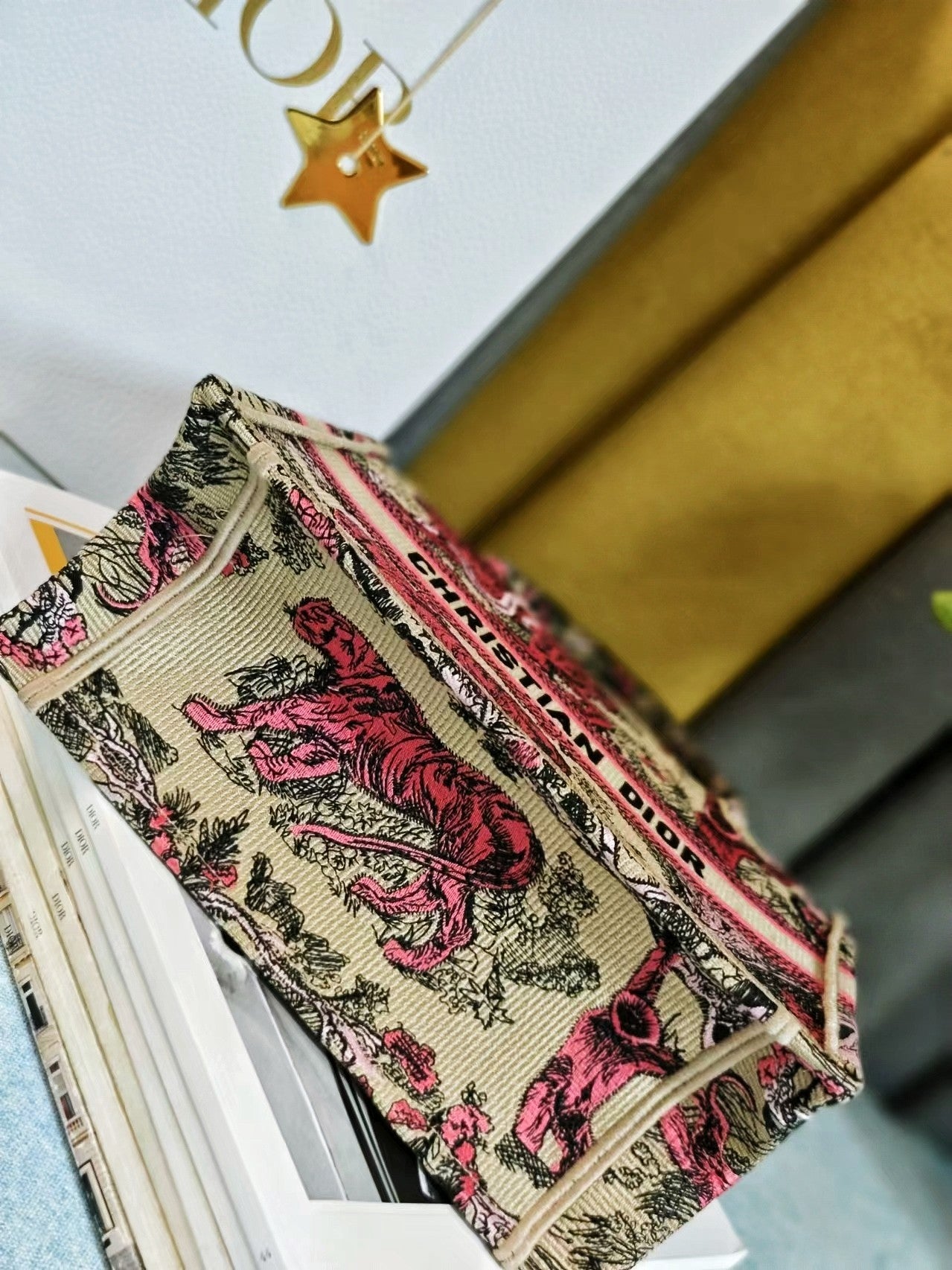 Christian Dior Small Book Tote Bag Pink Toile de Jouy Sauvage Embroidery