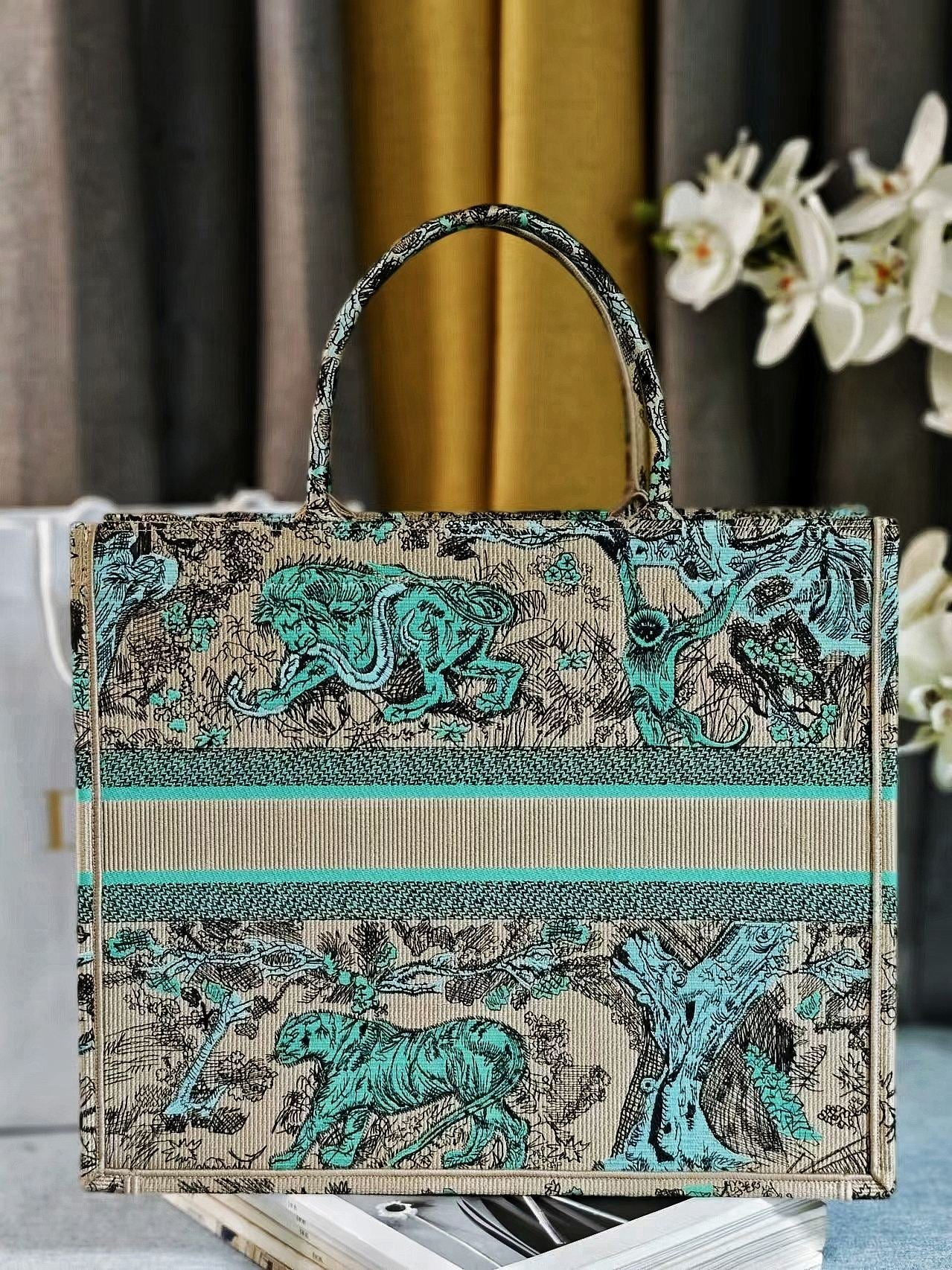 Christian Dior Toile de Jouy Embroidered Book Tote - Teal & Beige