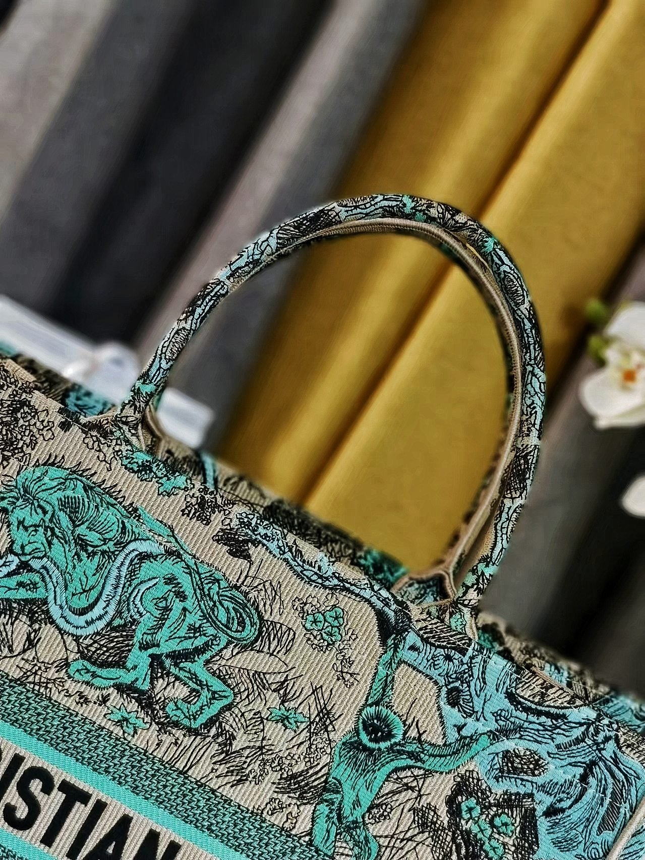 Christian Dior Toile de Jouy Embroidered Book Tote - Teal & Beige